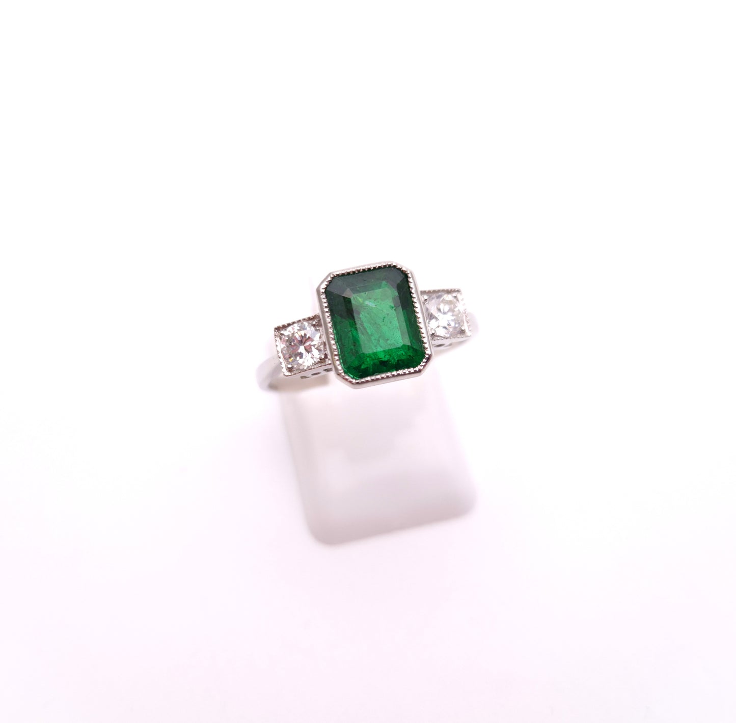 Platinum Natural Emerald and Diamond Trilogy Ring