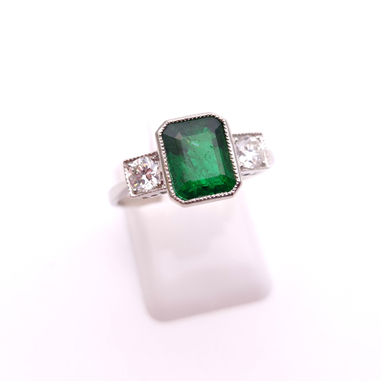 Platinum Natural Emerald and Diamond Trilogy Ring