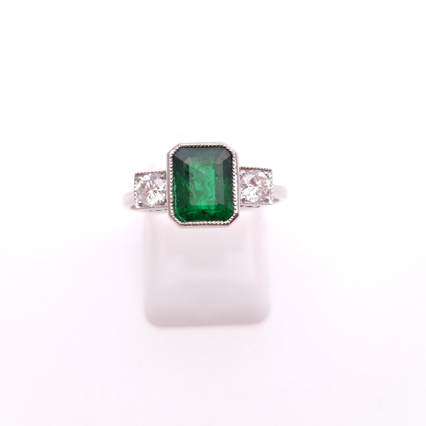Platinum Natural Emerald and Diamond Trilogy Ring