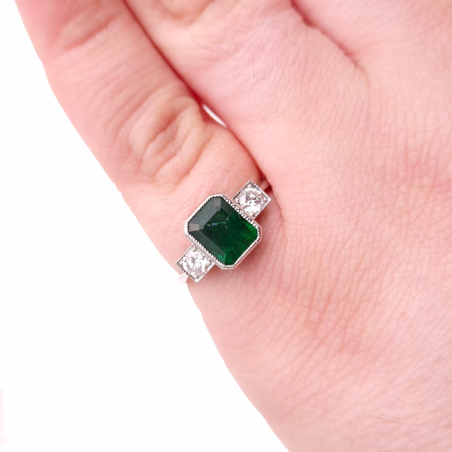 Platinum Natural Emerald and Diamond Trilogy Ring