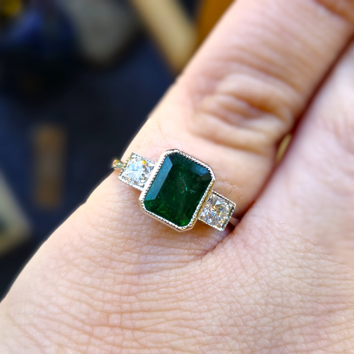 Platinum Natural Emerald and Diamond Trilogy Ring
