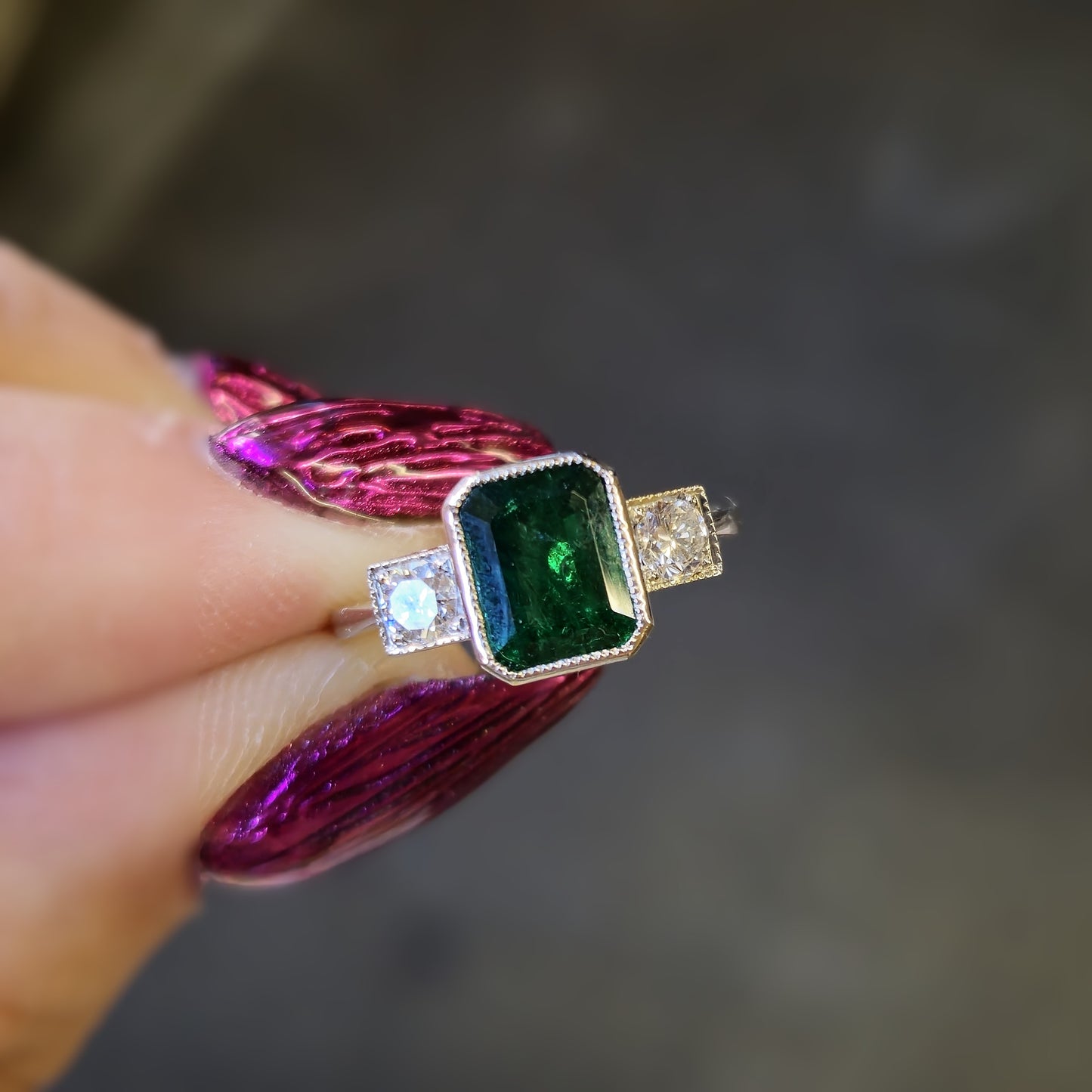 Platinum Natural Emerald and Diamond Trilogy Ring