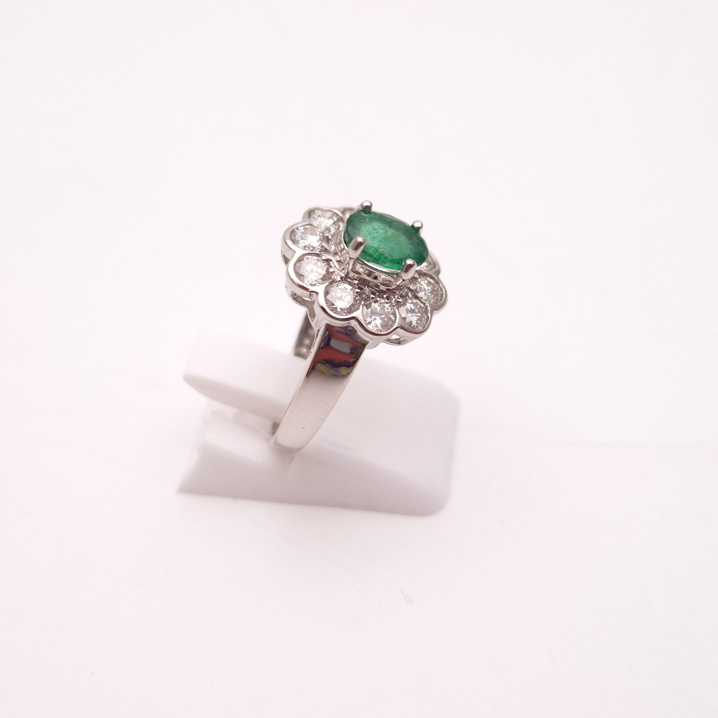 18ct White Gold Large 0.75ct Emerald and 1.0tcw Diamond Cluster Ring
