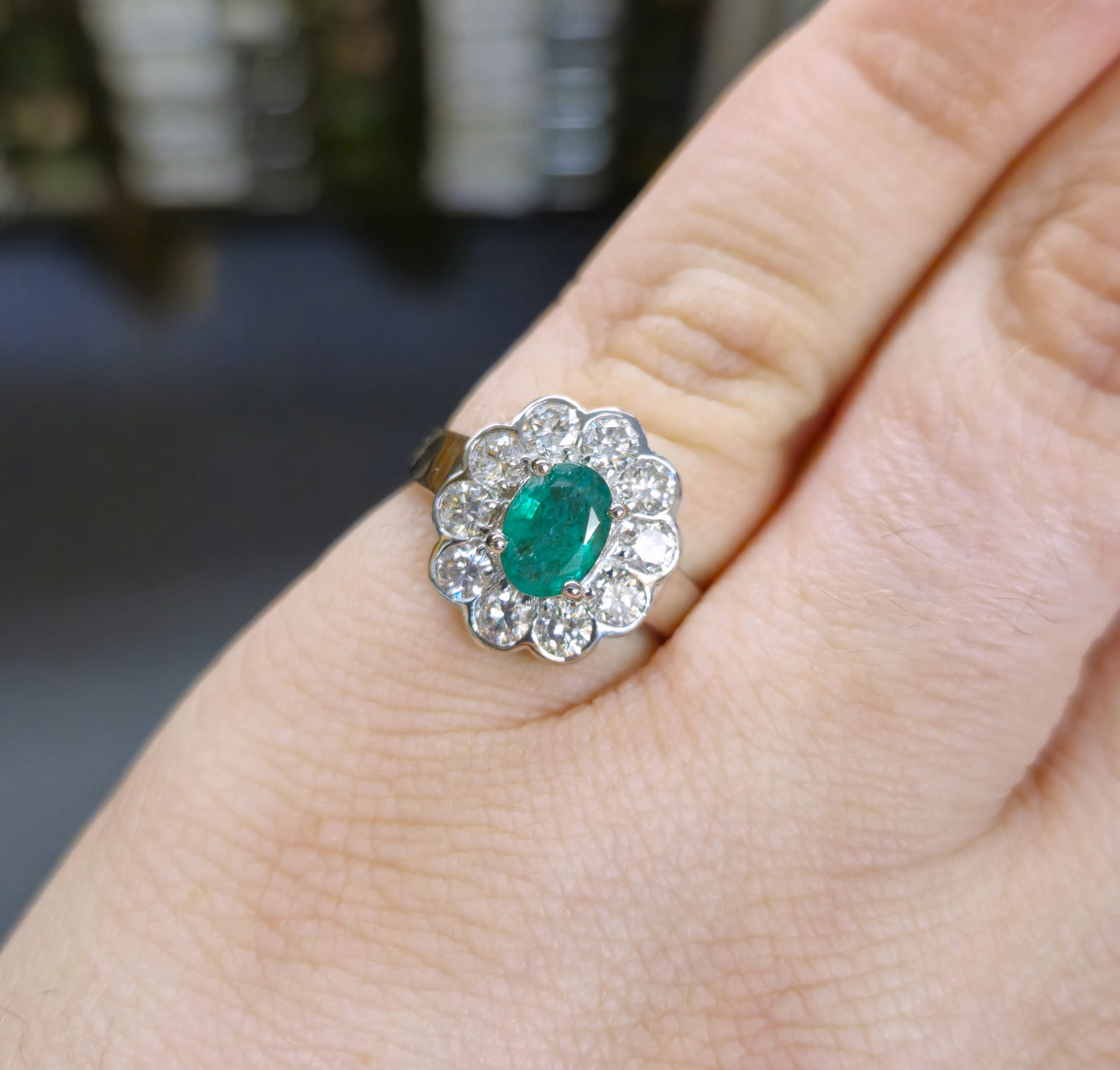 18ct White Gold Large 0.75ct Emerald and 1.0tcw Diamond Cluster Ring