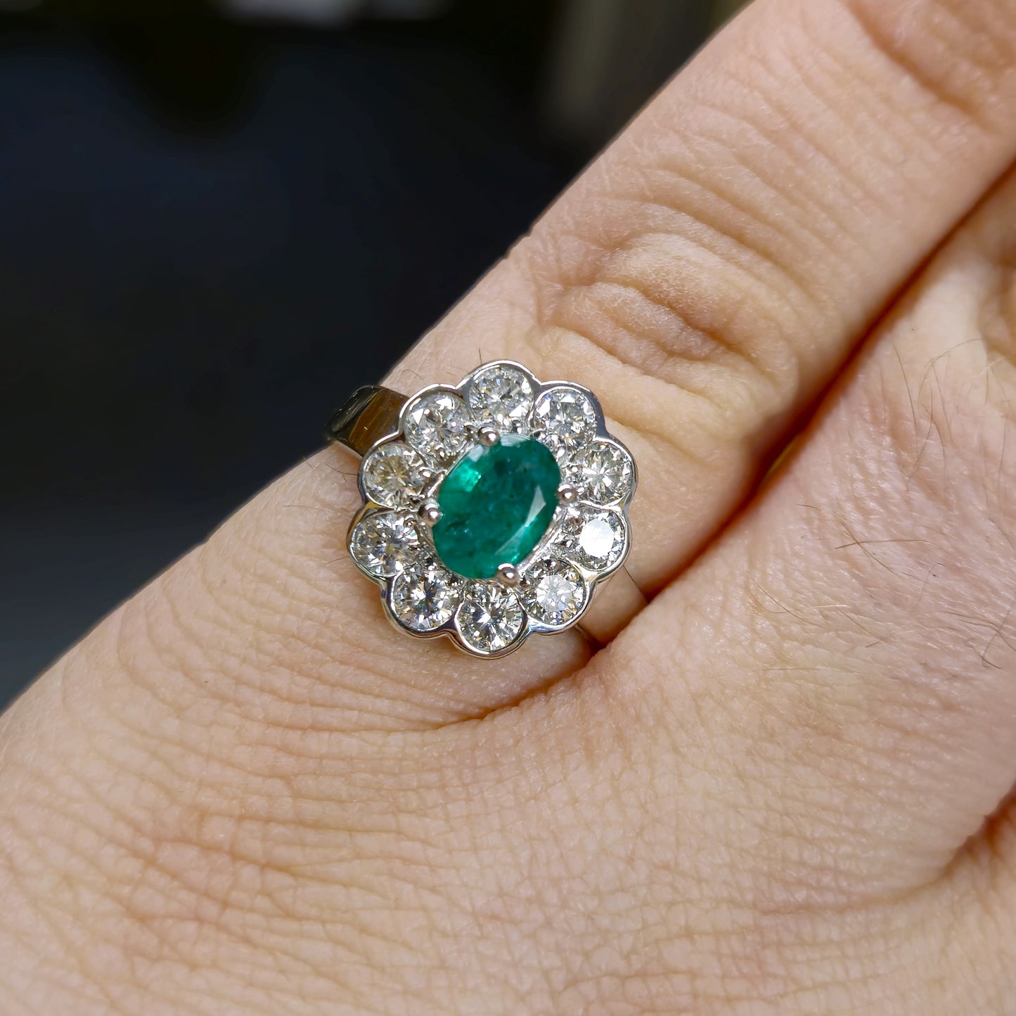 18ct White Gold Large 0.75ct Emerald and 1.0tcw Diamond Cluster Ring