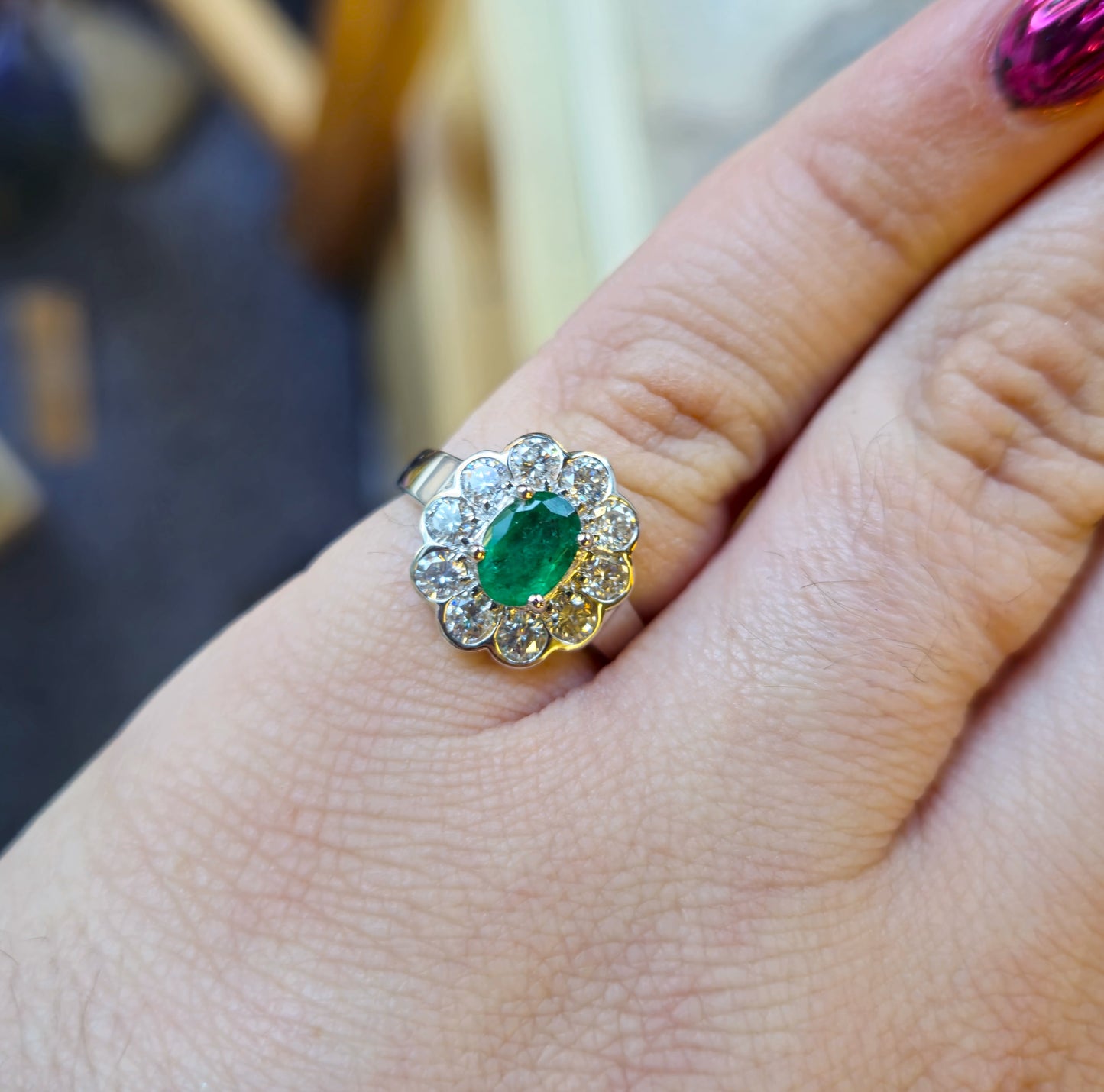 18ct White Gold Large 0.75ct Emerald and 1.0tcw Diamond Cluster Ring