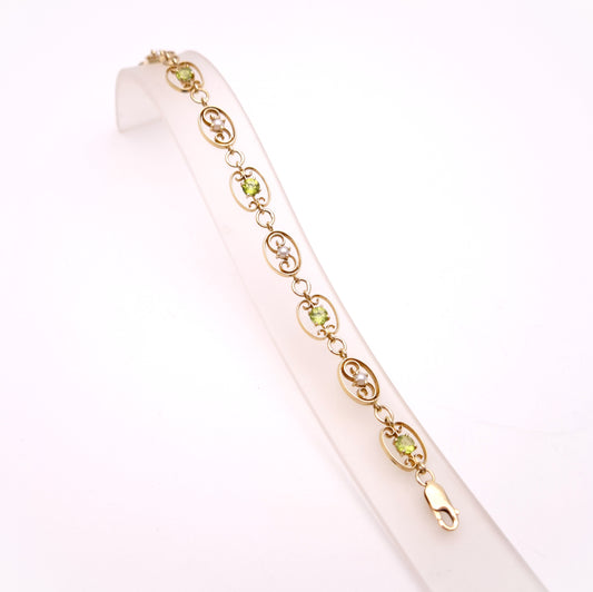 9ct Yellow Gold Peridot and Pearl Art Nouveau Style Bracelet