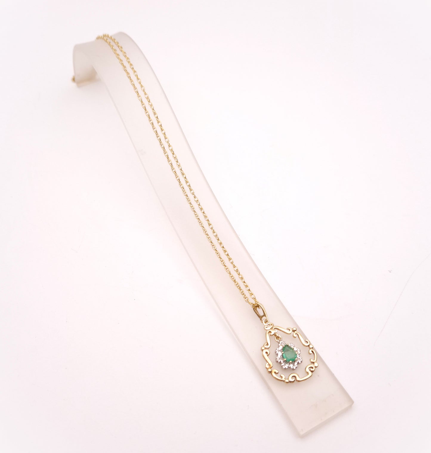9ct Yellow Gold Emerald and Diamond Scroll Work Pendant and 18" Chain
