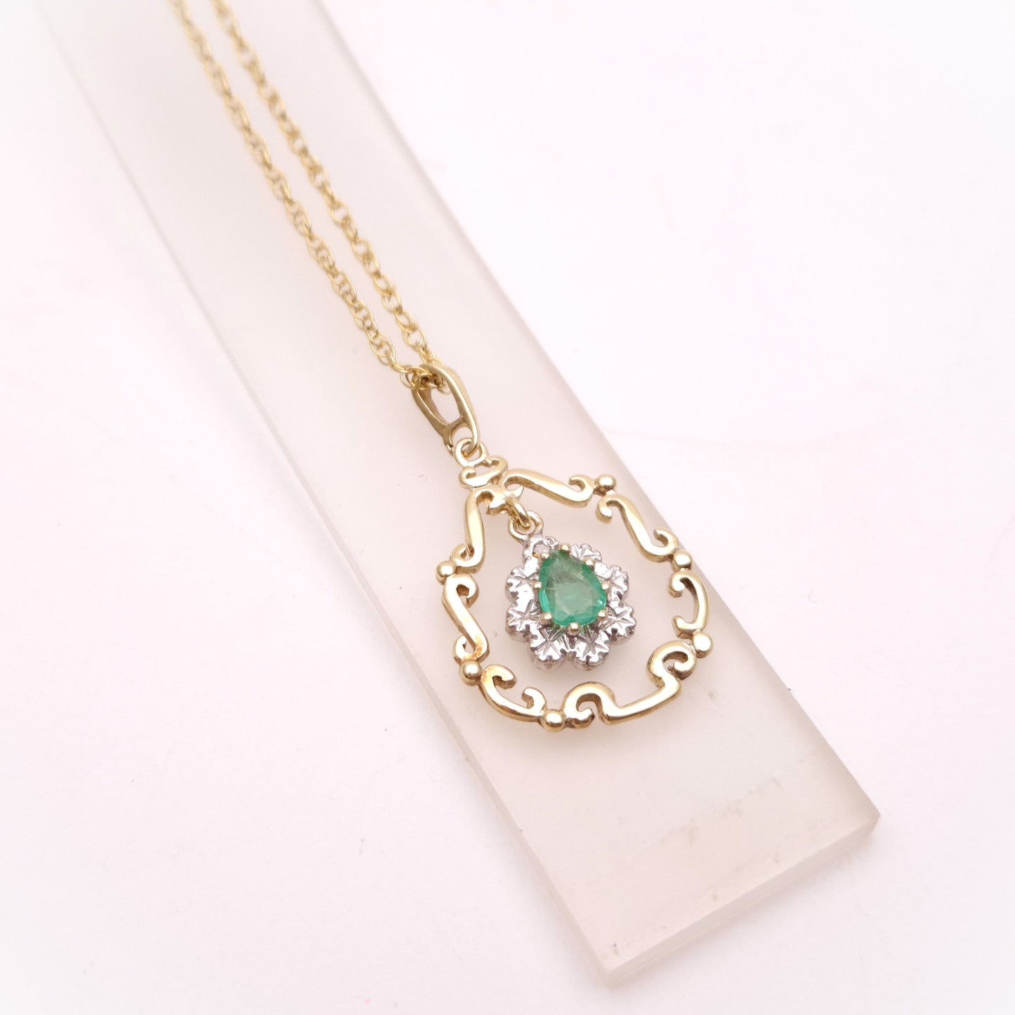 9ct Yellow Gold Emerald and Diamond Scroll Work Pendant and 18" Chain