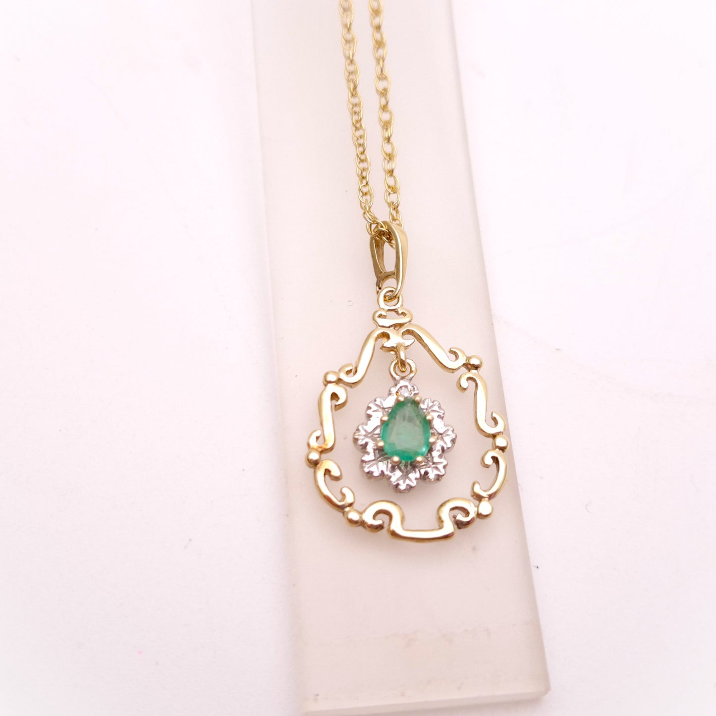 9ct Yellow Gold Emerald and Diamond Scroll Work Pendant and 18" Chain