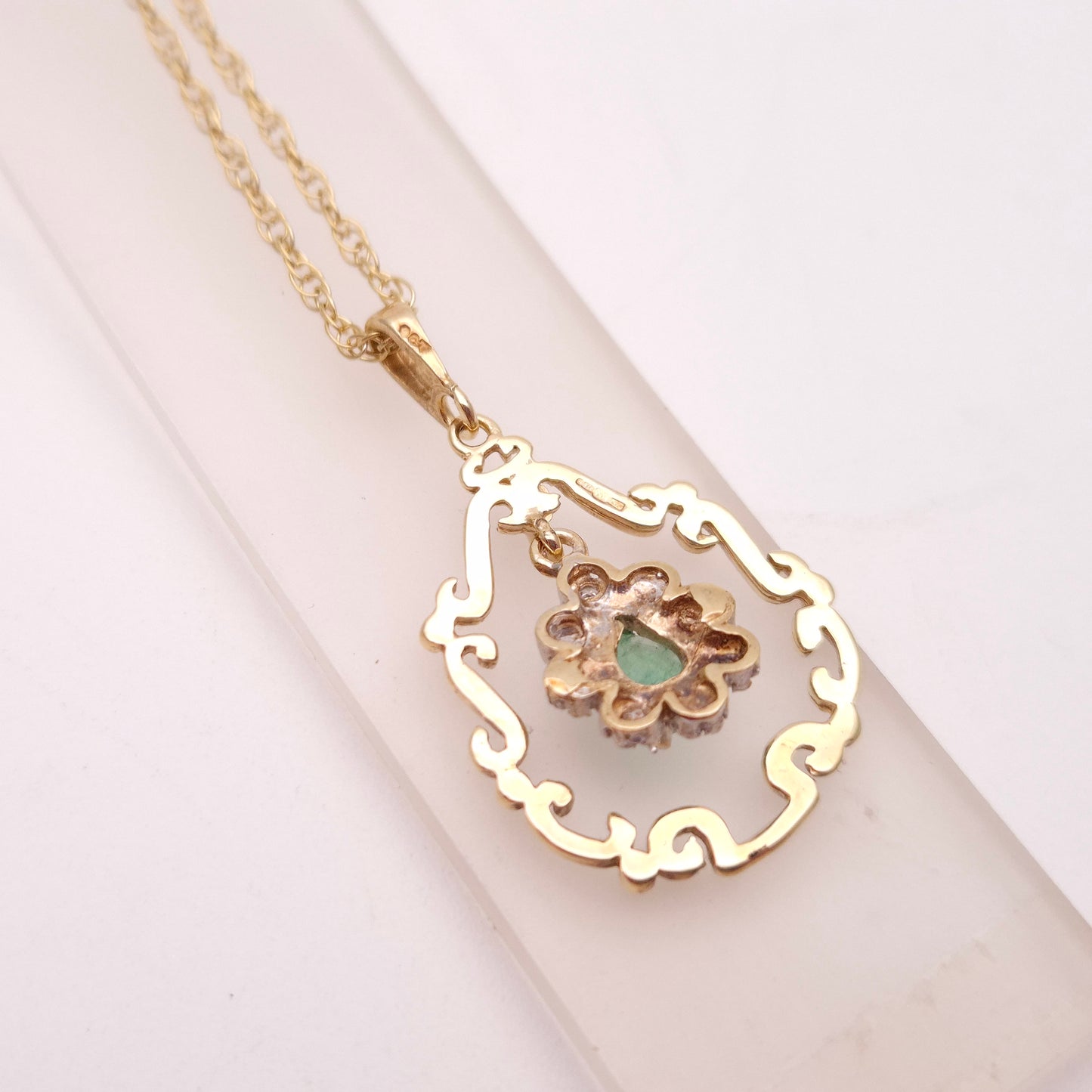 9ct Yellow Gold Emerald and Diamond Scroll Work Pendant and 18" Chain