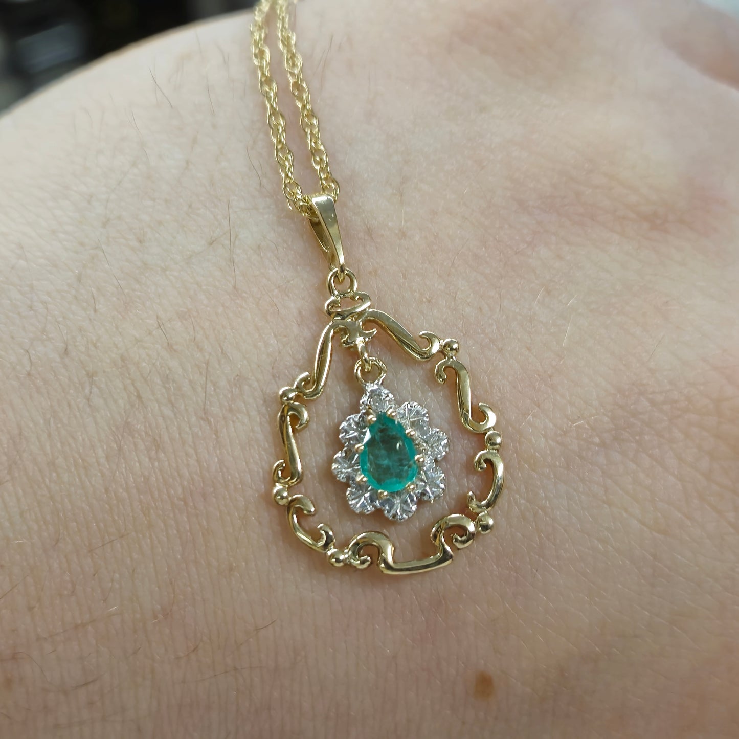 9ct Yellow Gold Emerald and Diamond Scroll Work Pendant and 18" Chain