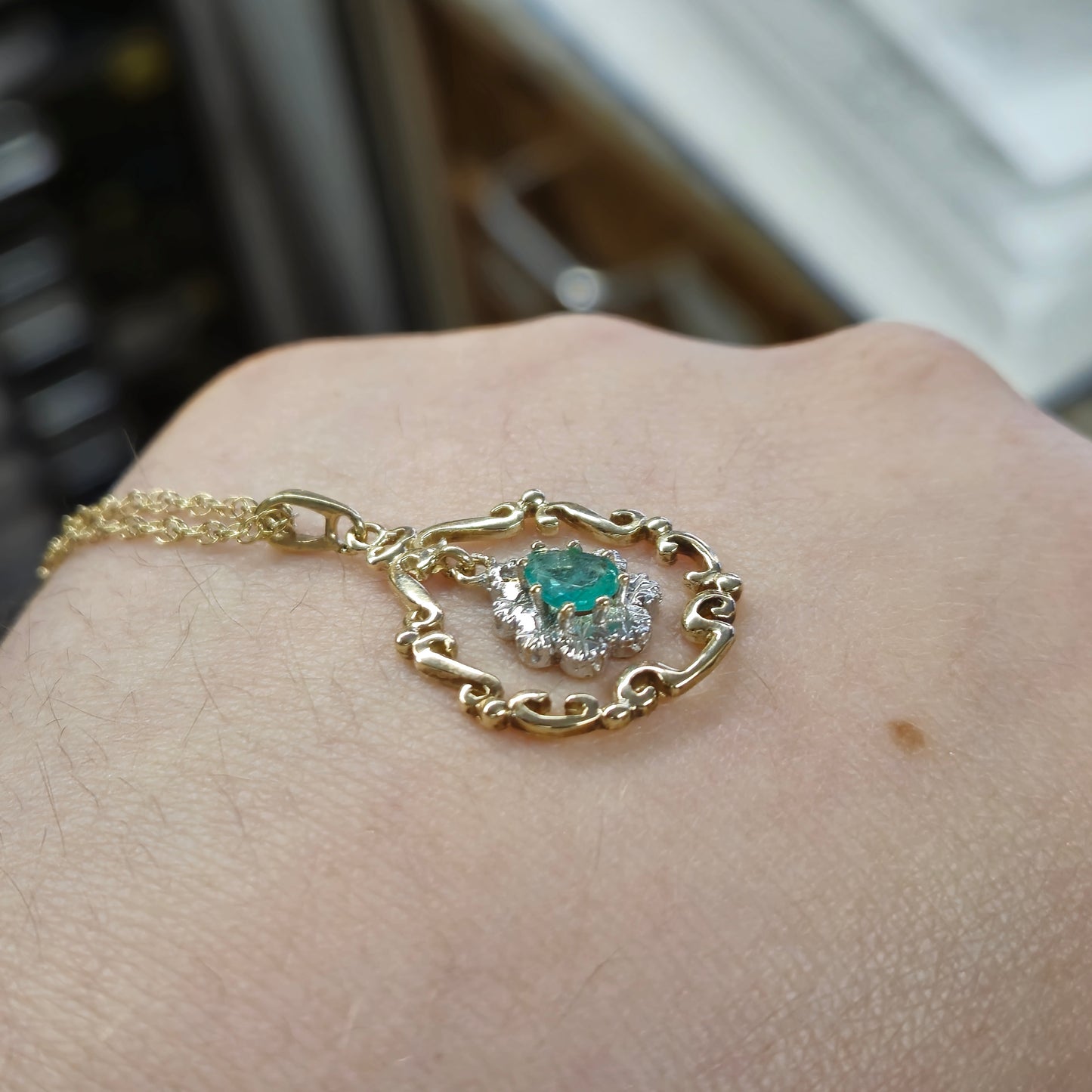 9ct Yellow Gold Emerald and Diamond Scroll Work Pendant and 18" Chain