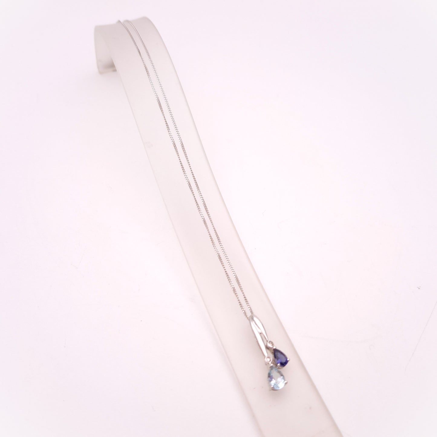 9ct White Gold Iolite, Aquamarine and Diamond Drop Pendant and Chain Necklace