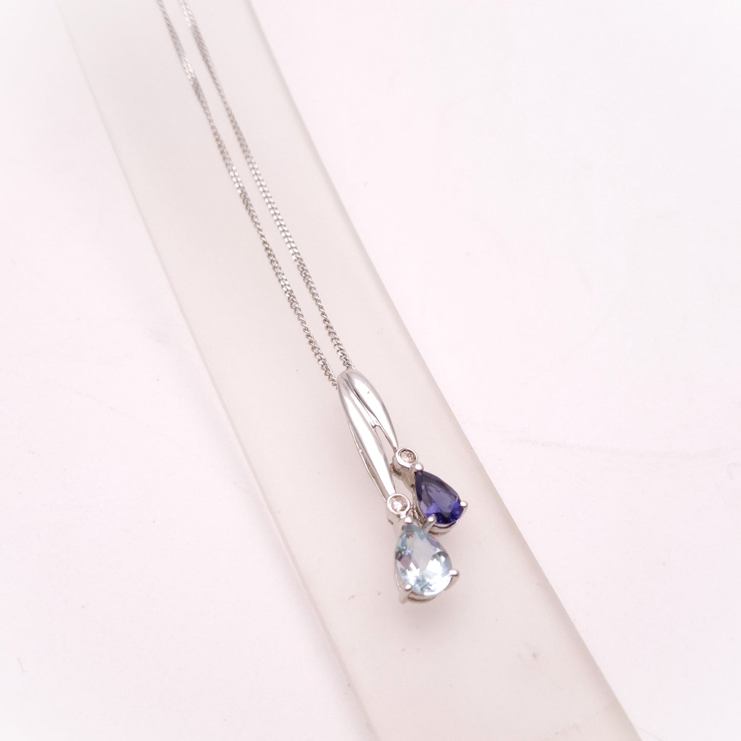 9ct White Gold Iolite, Aquamarine and Diamond Drop Pendant and Chain Necklace