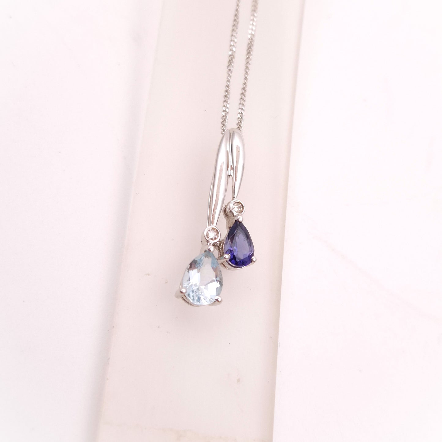 9ct White Gold Iolite, Aquamarine and Diamond Drop Pendant and Chain Necklace