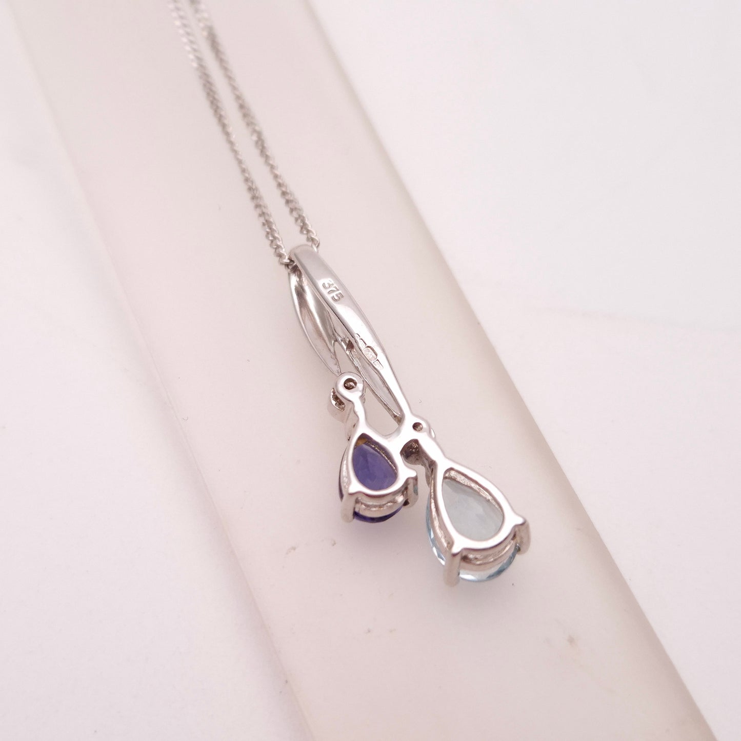 9ct White Gold Iolite, Aquamarine and Diamond Drop Pendant and Chain Necklace