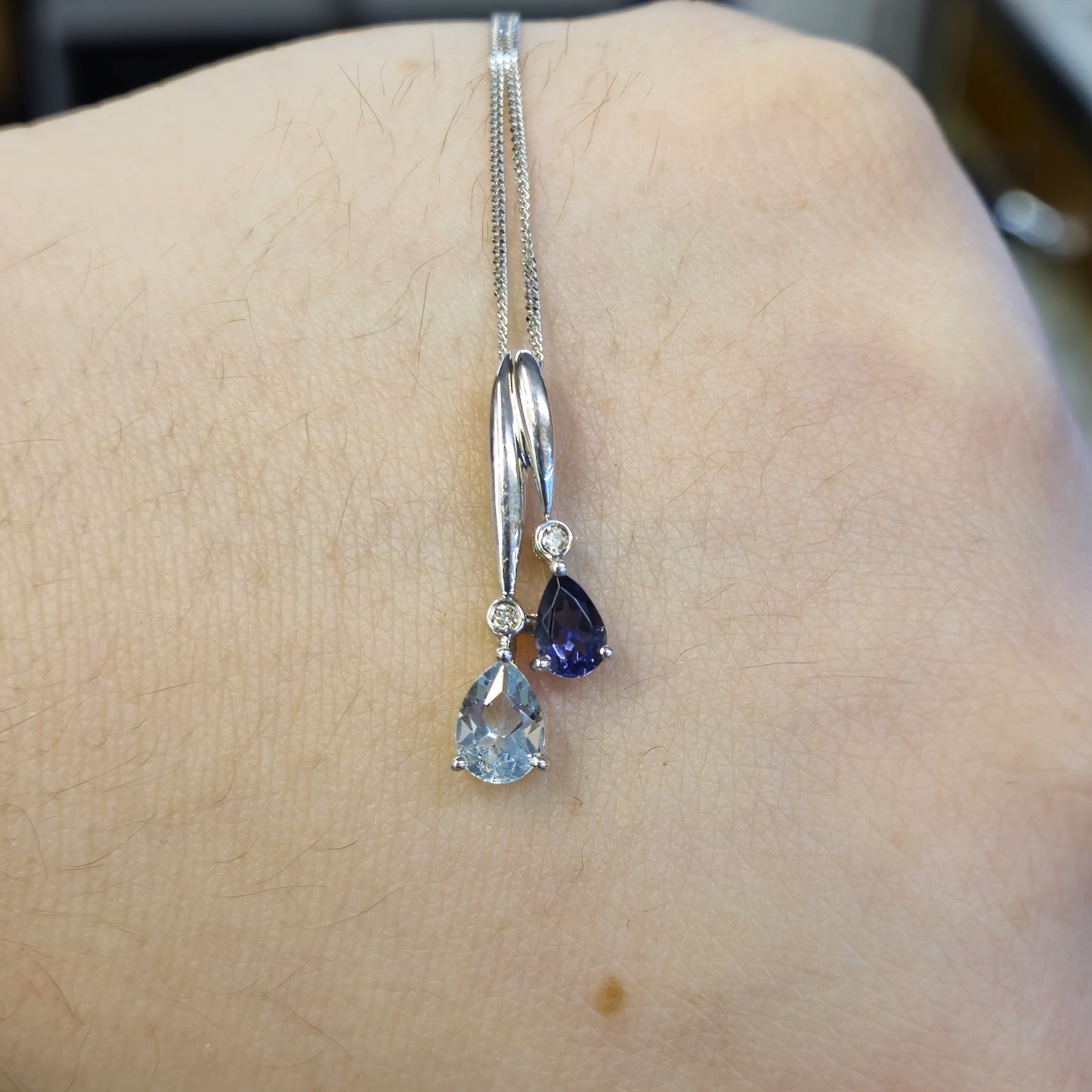9ct White Gold Iolite, Aquamarine and Diamond Drop Pendant and Chain Necklace