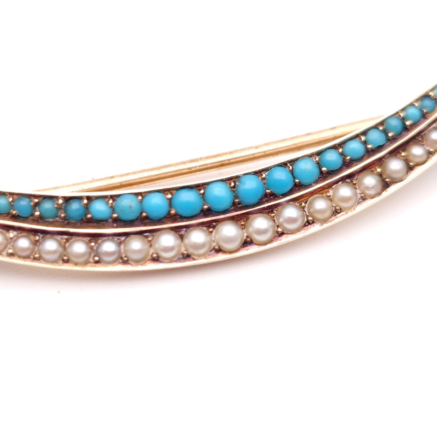 15ct Antique Turquoise and Pearl Crescent Shaped Brooch