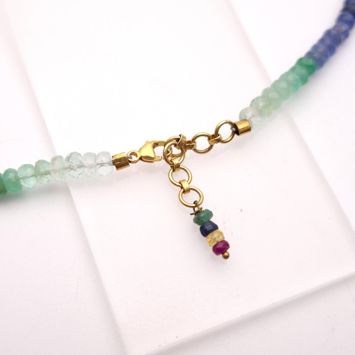 9ct Yellow Gold Clasp Multi Gem Sapphire / Ruby / Emerald Faceted Bead Necklace
