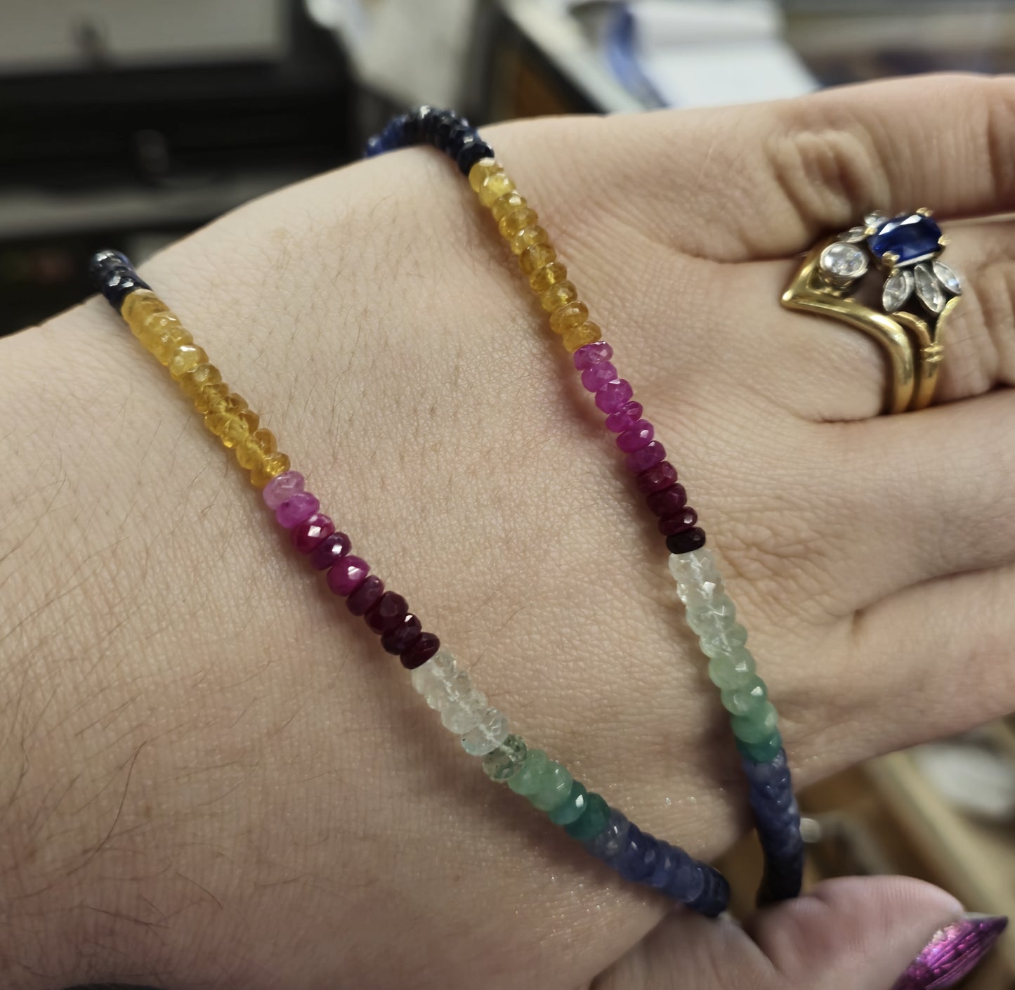 9ct Yellow Gold Clasp Multi Gem Sapphire / Ruby / Emerald Faceted Bead Necklace