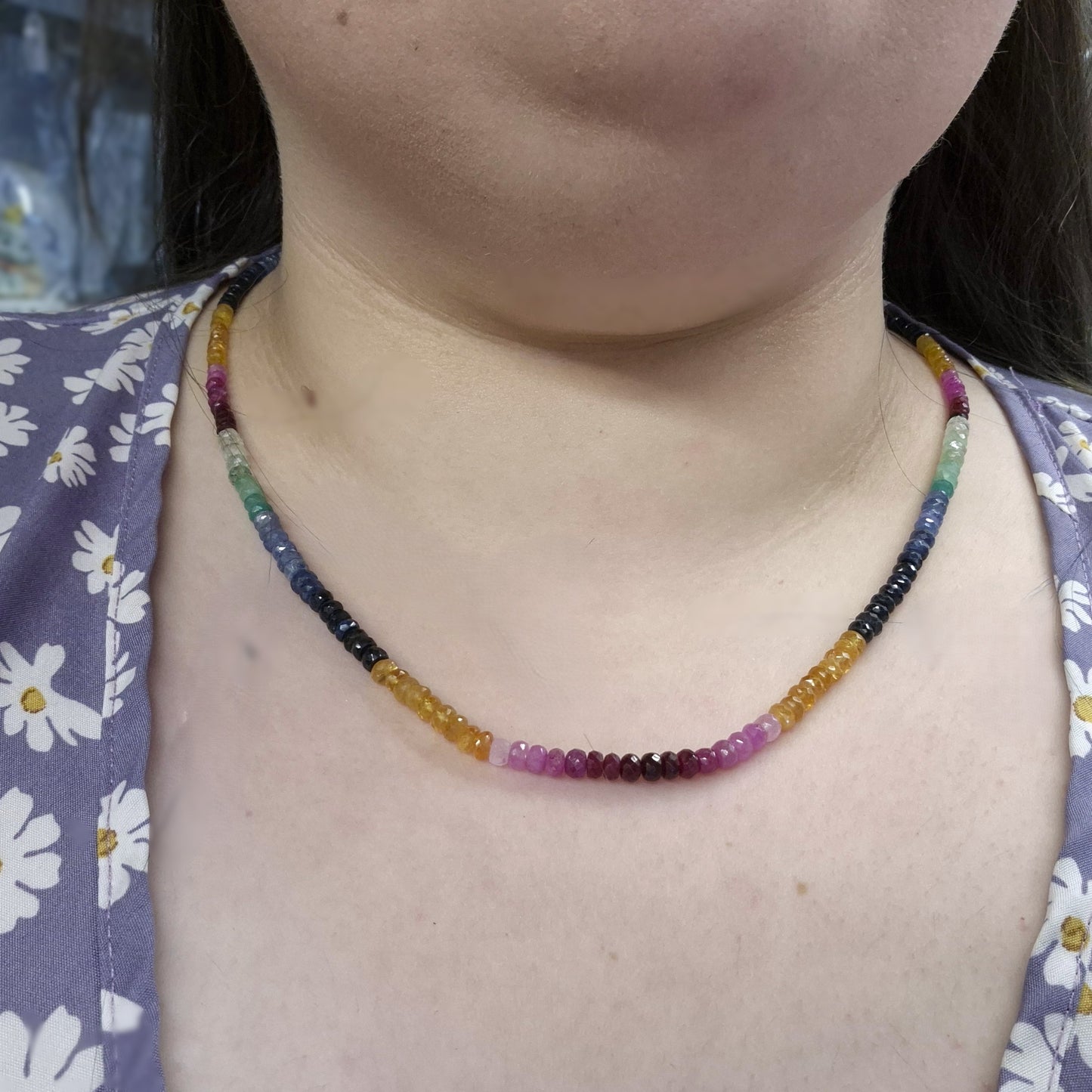 9ct Yellow Gold Clasp Multi Gem Sapphire / Ruby / Emerald Faceted Bead Necklace