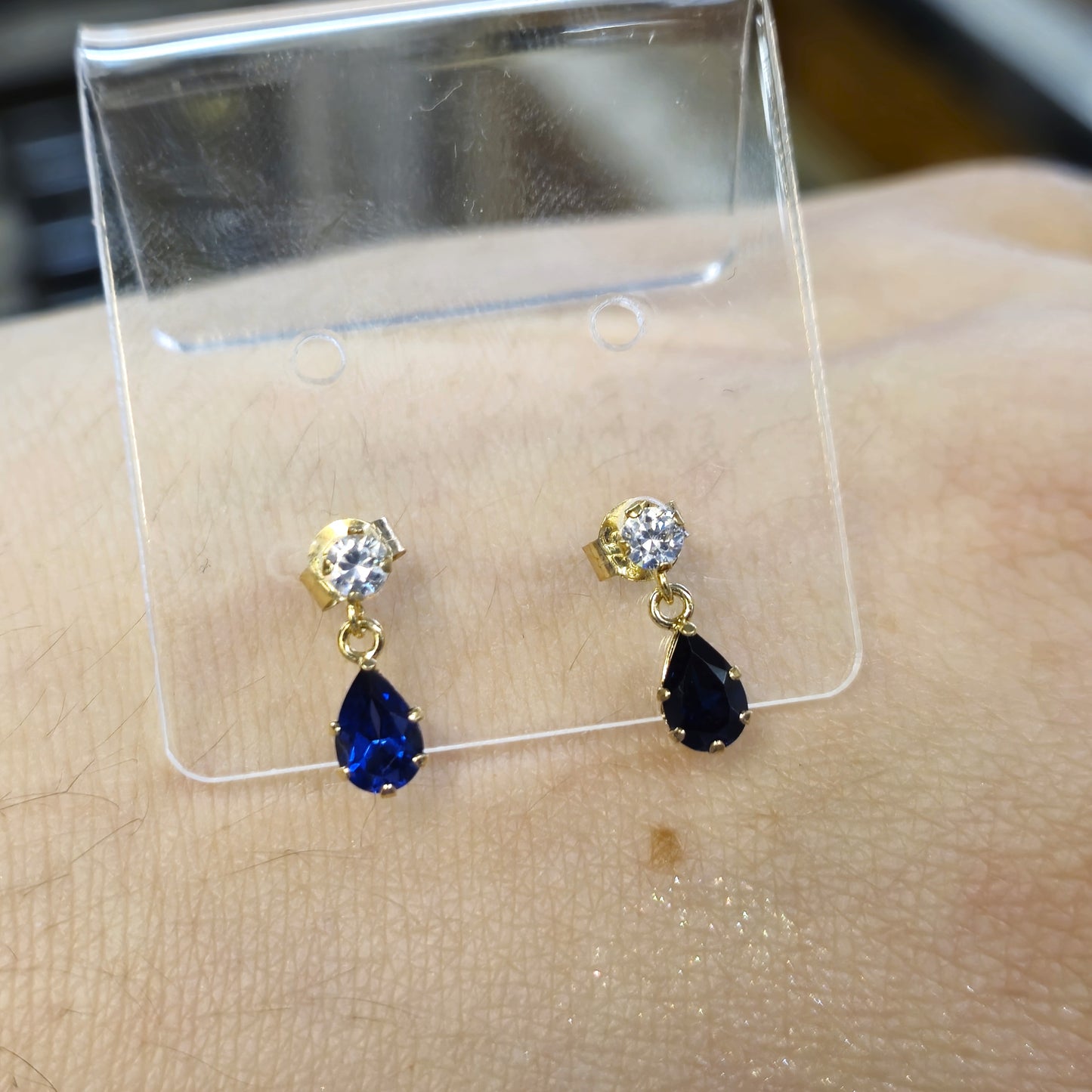 9ct Yellow Gold Blue and White Stone Small Drop Earrings