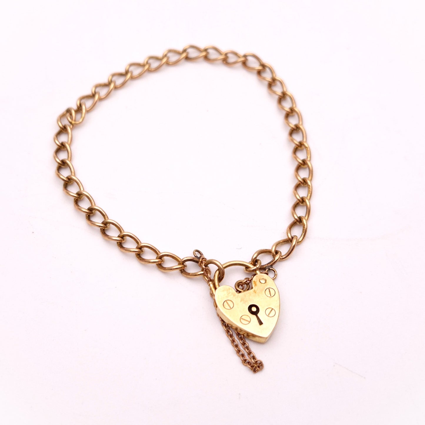 9ct Rose Gold Vintage Heart Padlock Charm Style Bracelet