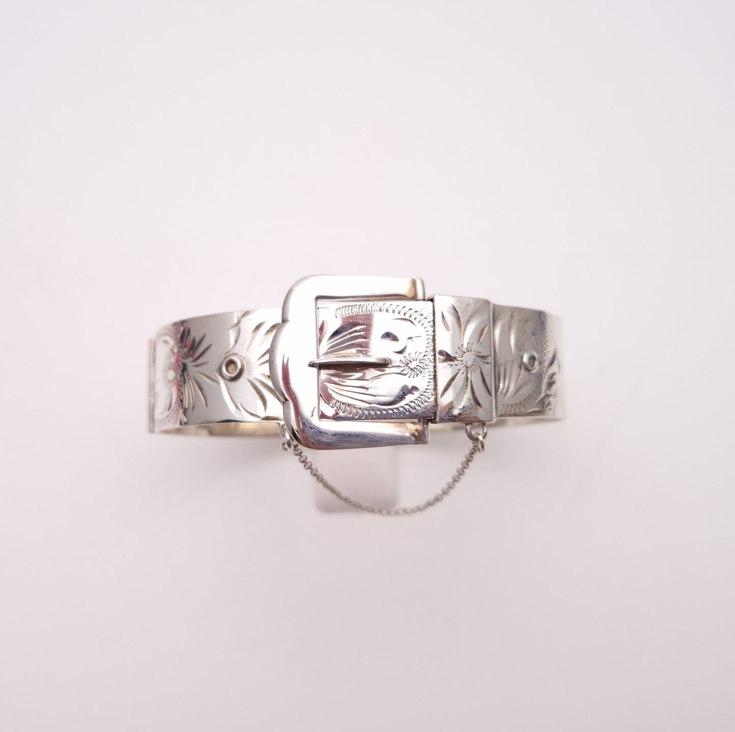 Sterling Silver Wide Vintage 70s Patterned Buckle Bangle