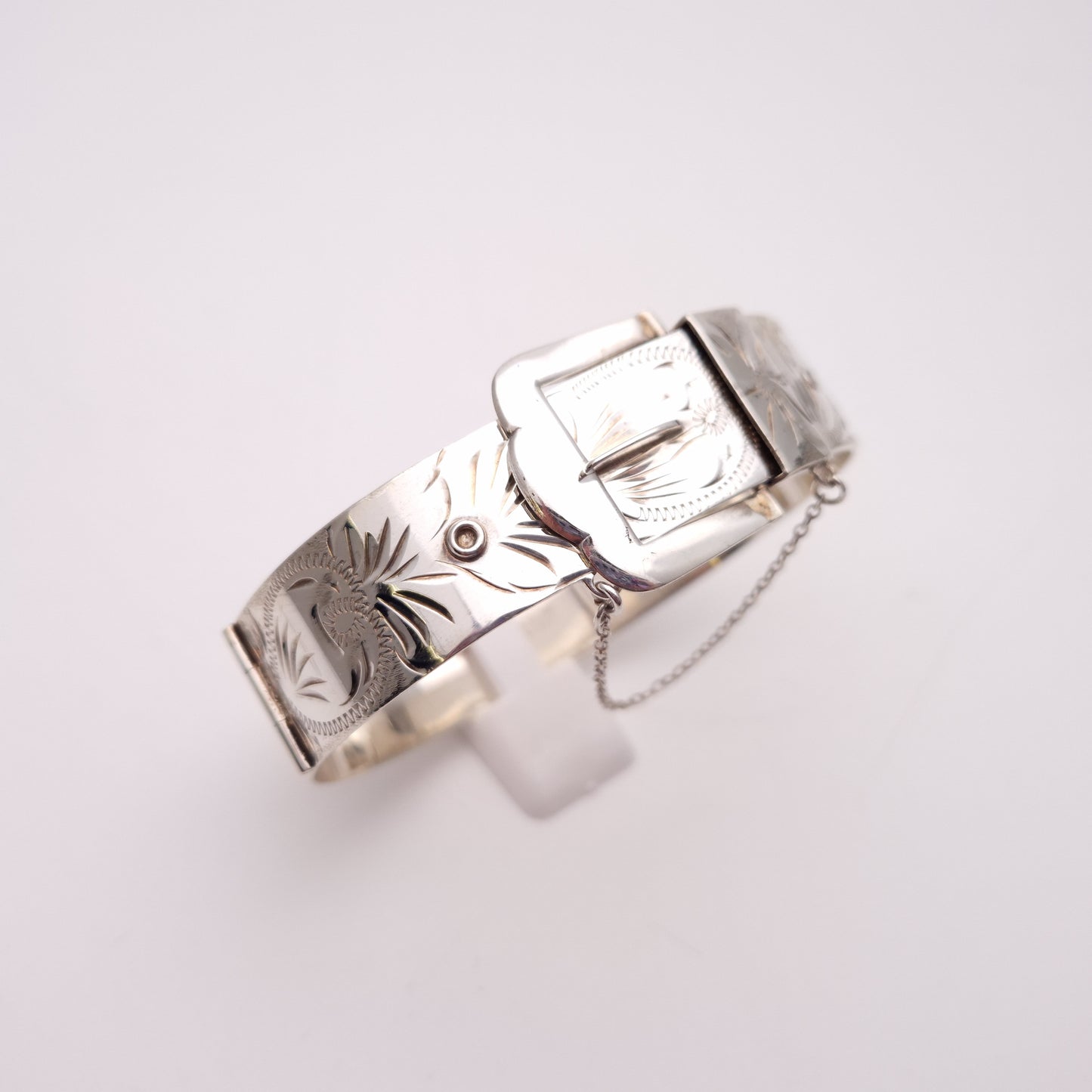 Sterling Silver Wide Vintage 70s Patterned Buckle Bangle