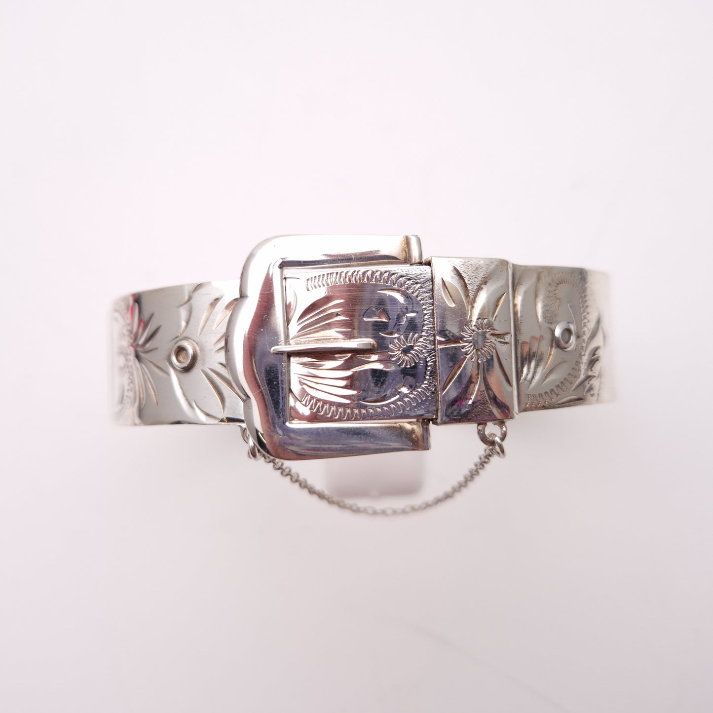 Sterling Silver Wide Vintage 70s Patterned Buckle Bangle