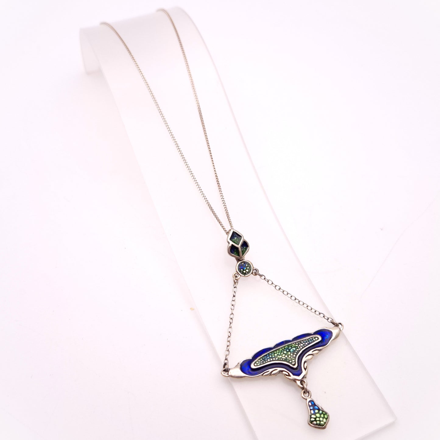 Sterling Silver Blue and Green Enamel Art Deco Style Necklace