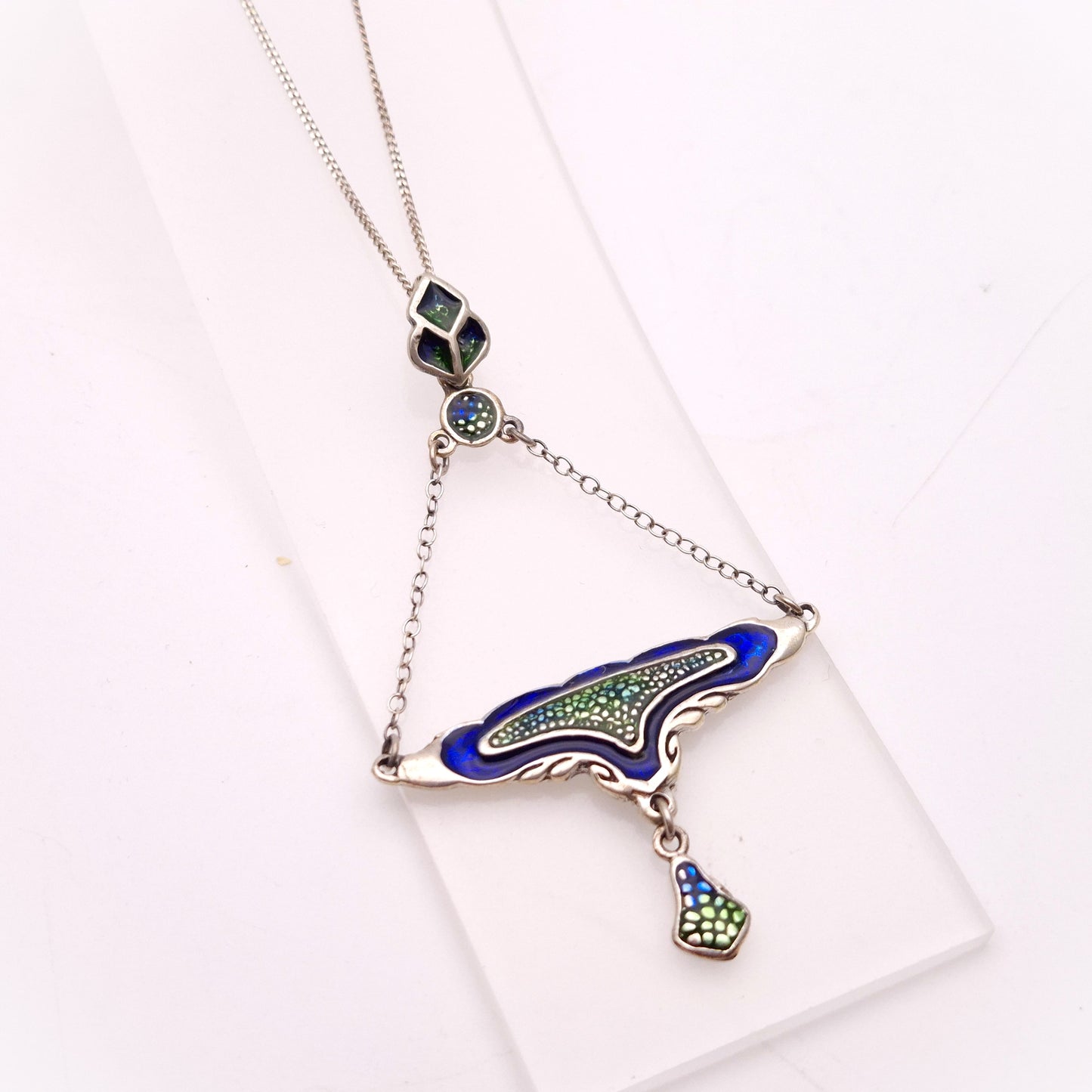 Sterling Silver Blue and Green Enamel Art Deco Style Necklace