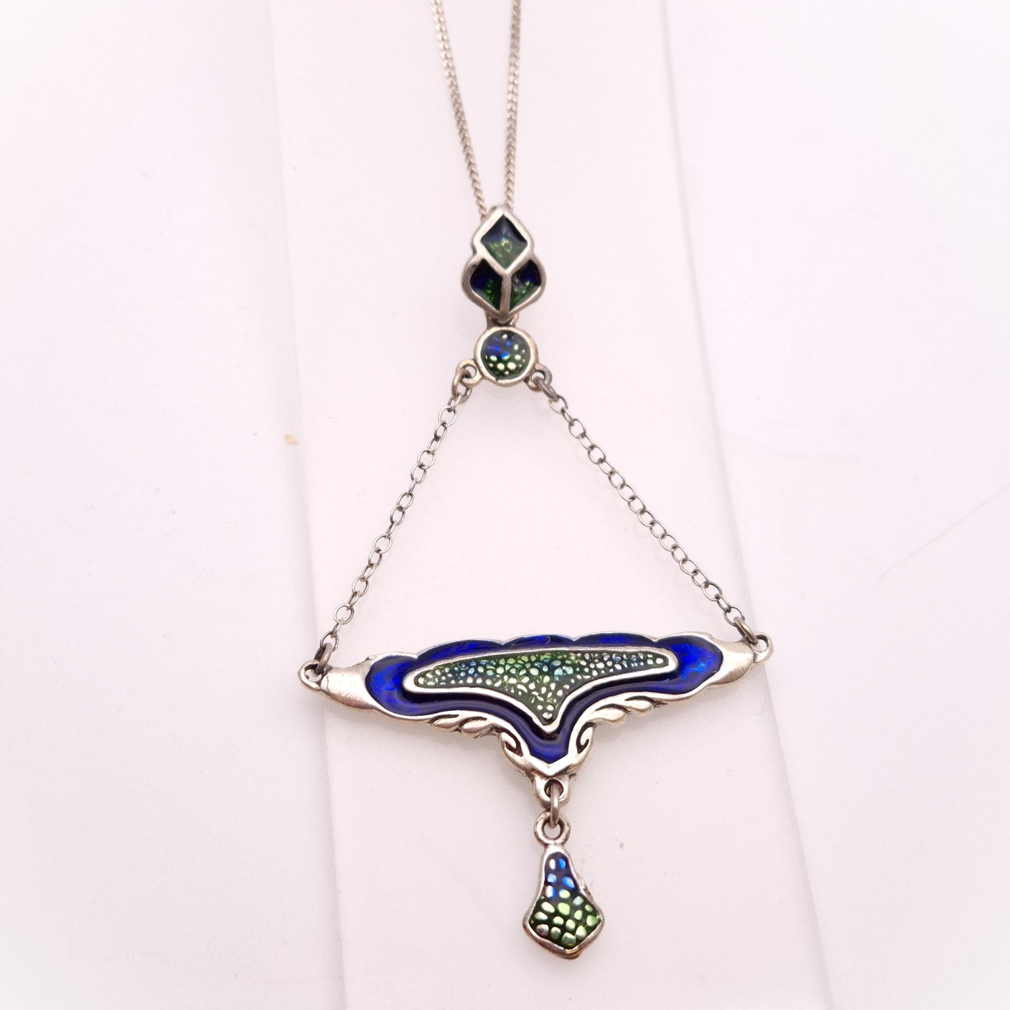 Sterling Silver Blue and Green Enamel Art Deco Style Necklace