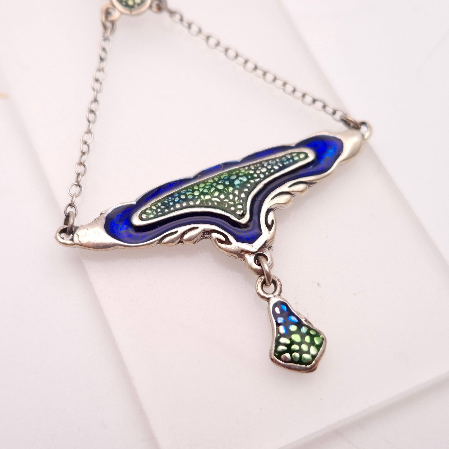 Sterling Silver Blue and Green Enamel Art Deco Style Necklace