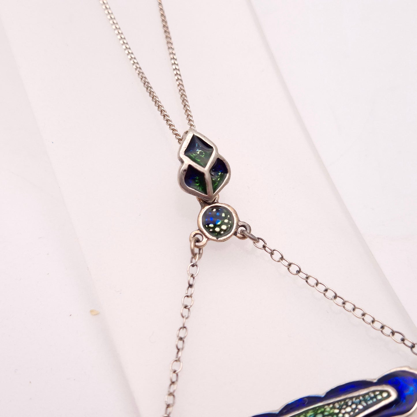 Sterling Silver Blue and Green Enamel Art Deco Style Necklace