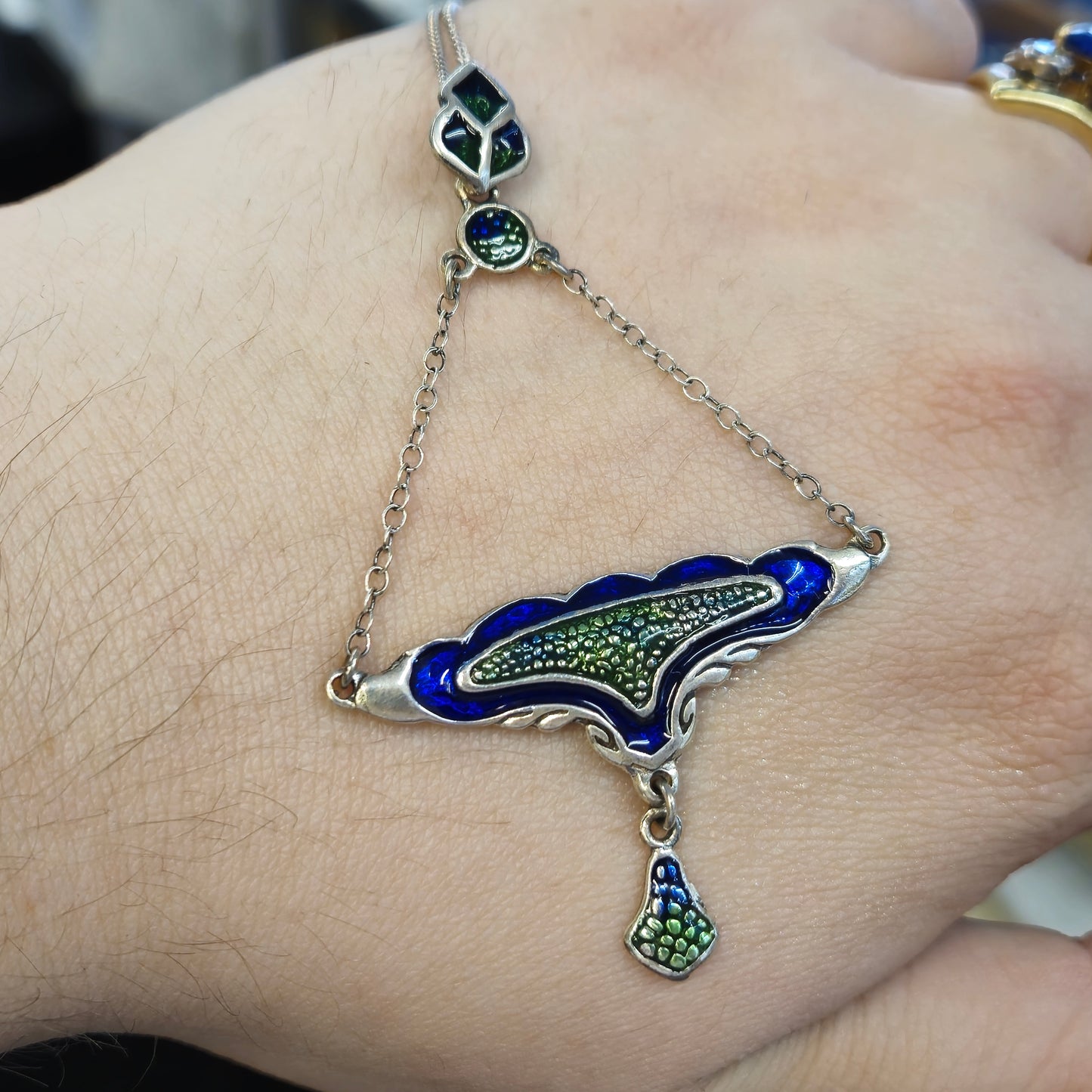 Sterling Silver Blue and Green Enamel Art Deco Style Necklace