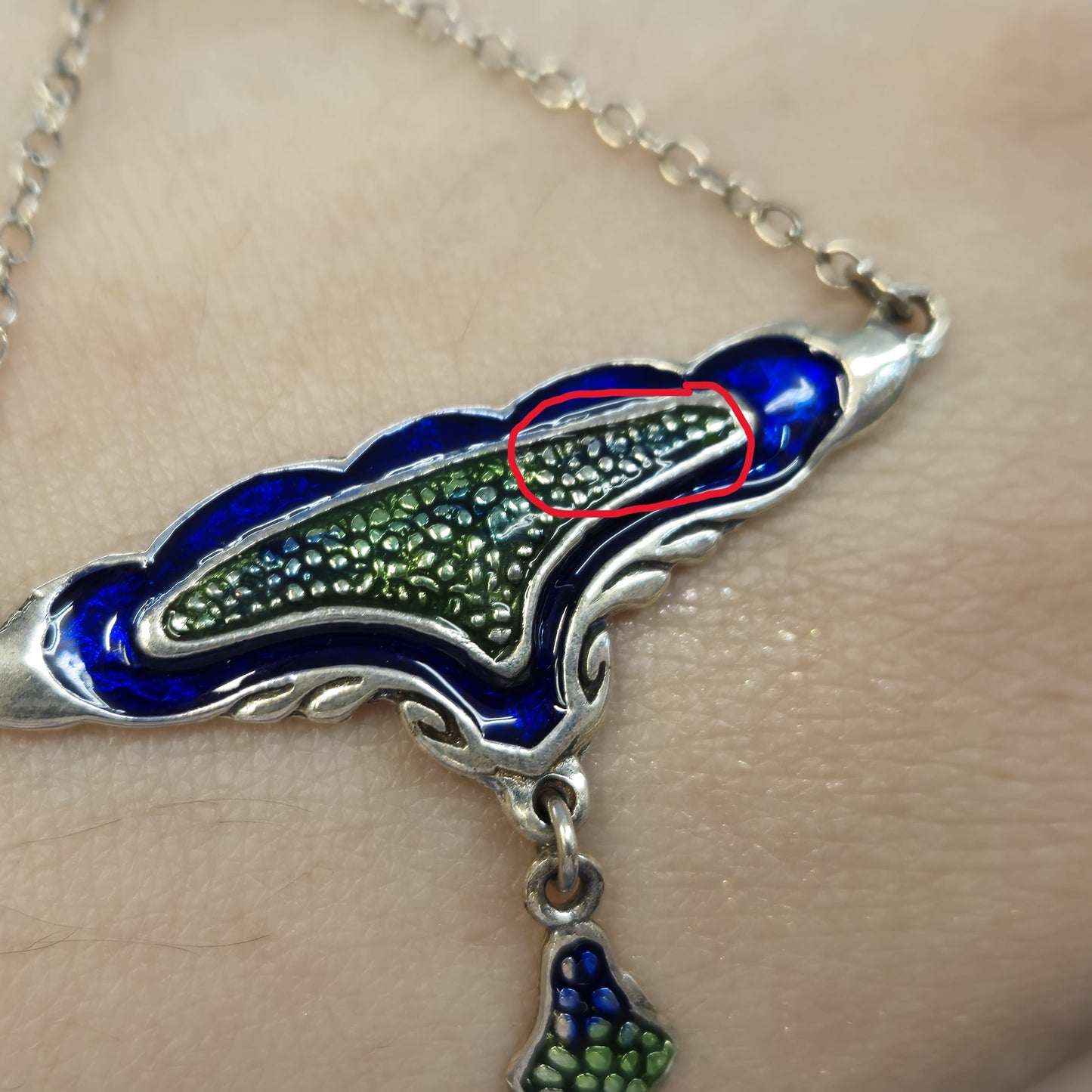 Sterling Silver Blue and Green Enamel Art Deco Style Necklace