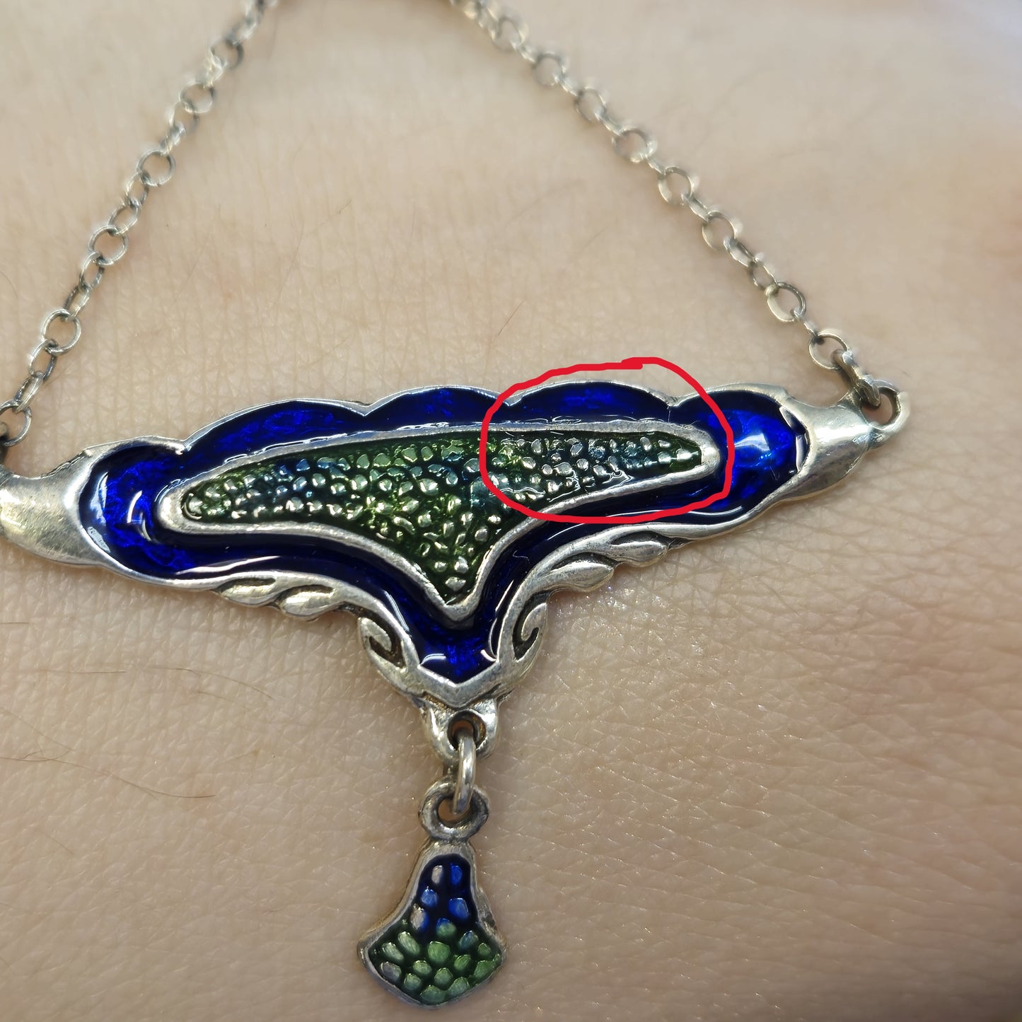 Sterling Silver Blue and Green Enamel Art Deco Style Necklace