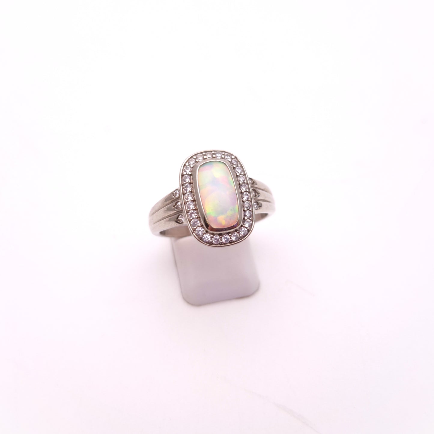Sterling Silver Opal Doublet and CZ Halo Cushion Shaped Ring