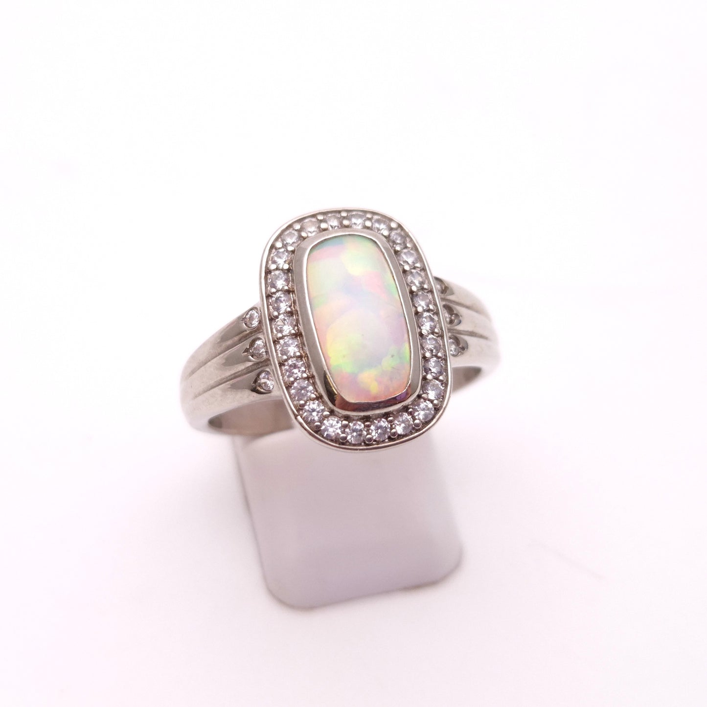 Sterling Silver Opal Doublet and CZ Halo Cushion Shaped Ring