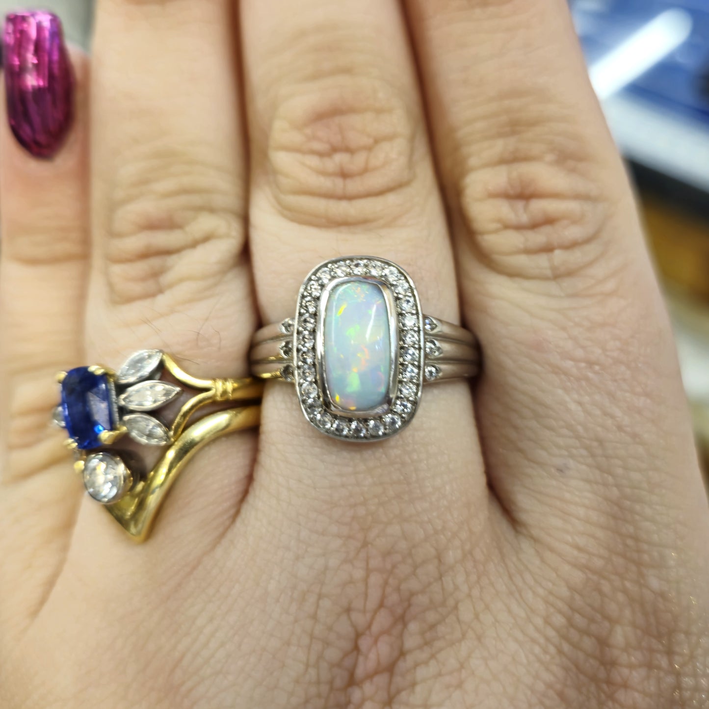Sterling Silver Opal Doublet and CZ Halo Cushion Shaped Ring
