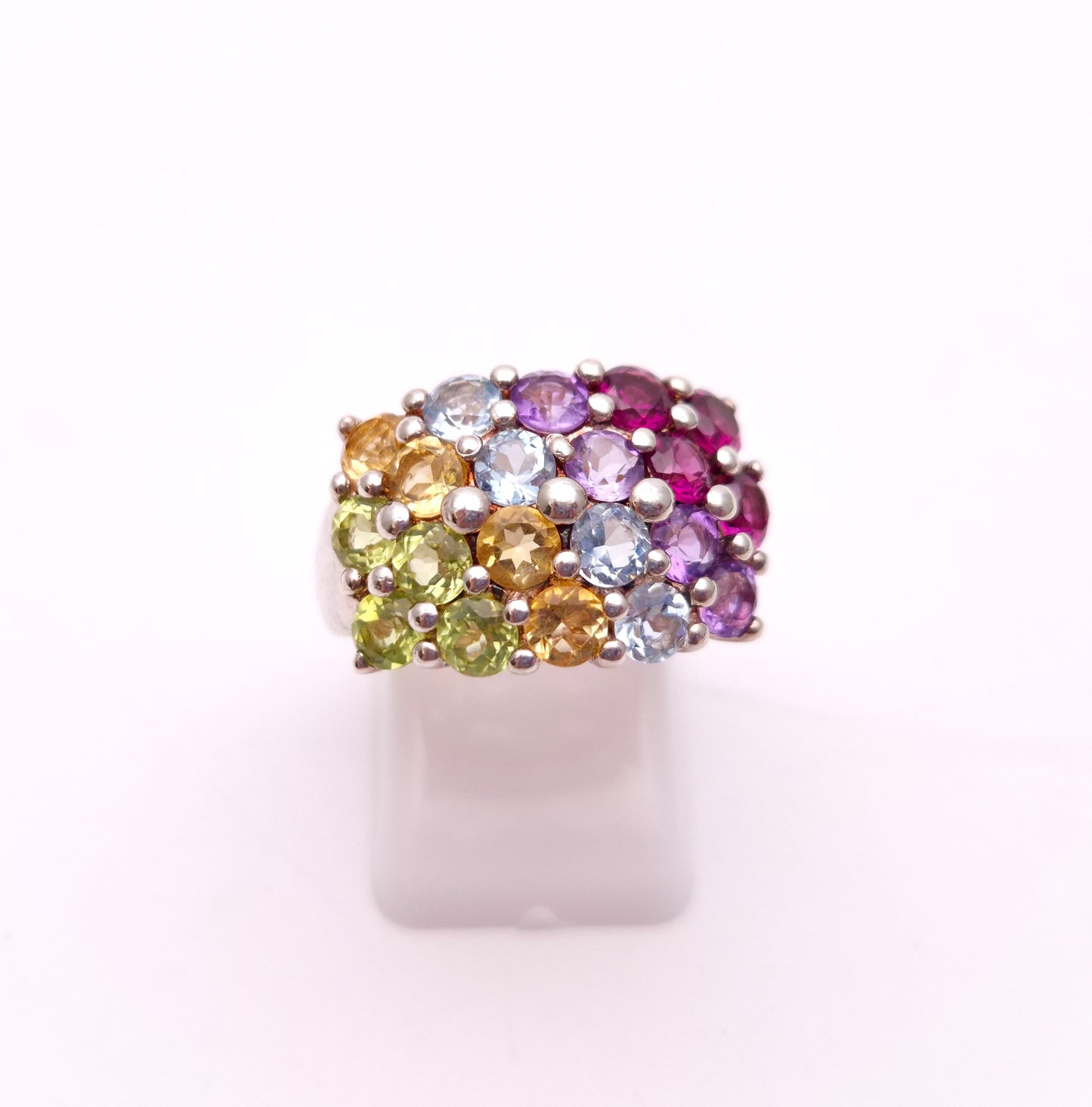 Sterling Silver Multi-Gemstone Set Block Ring