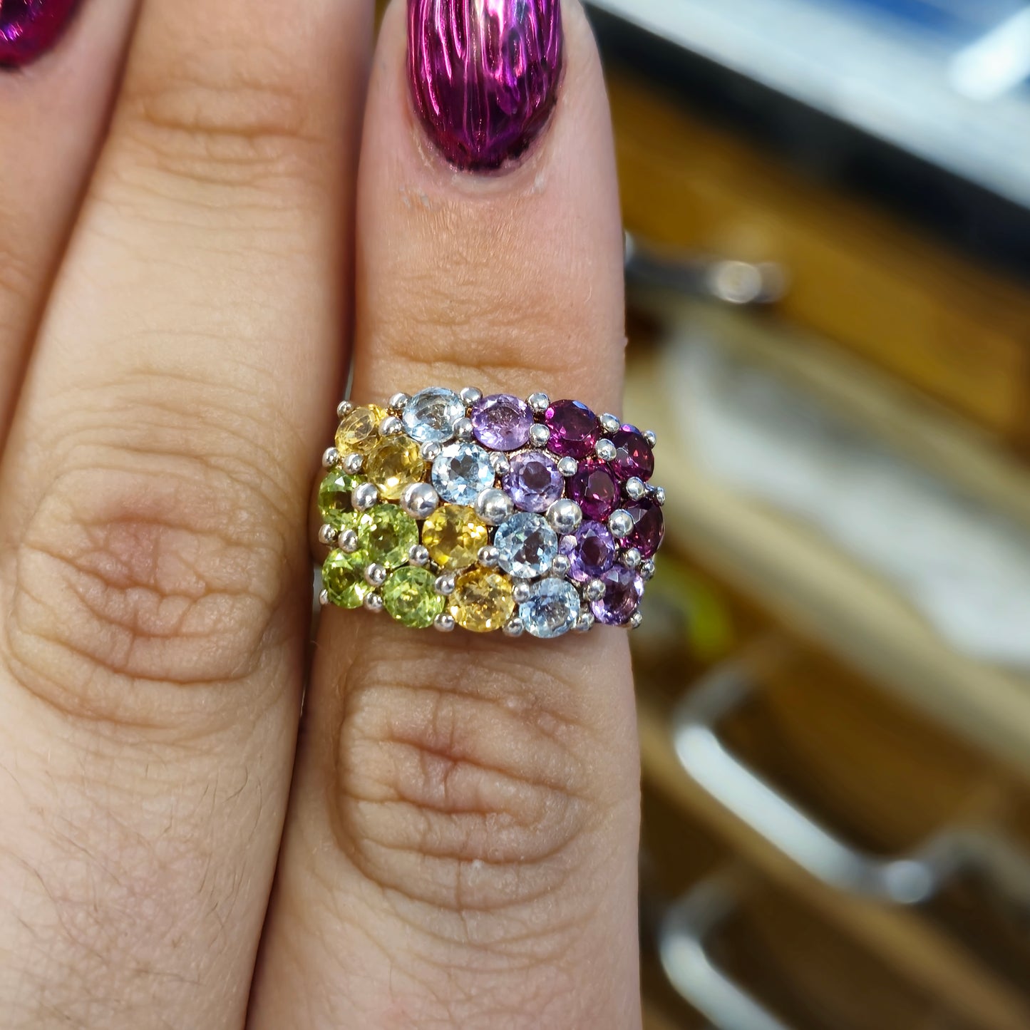 Sterling Silver Multi-Gemstone Set Block Ring