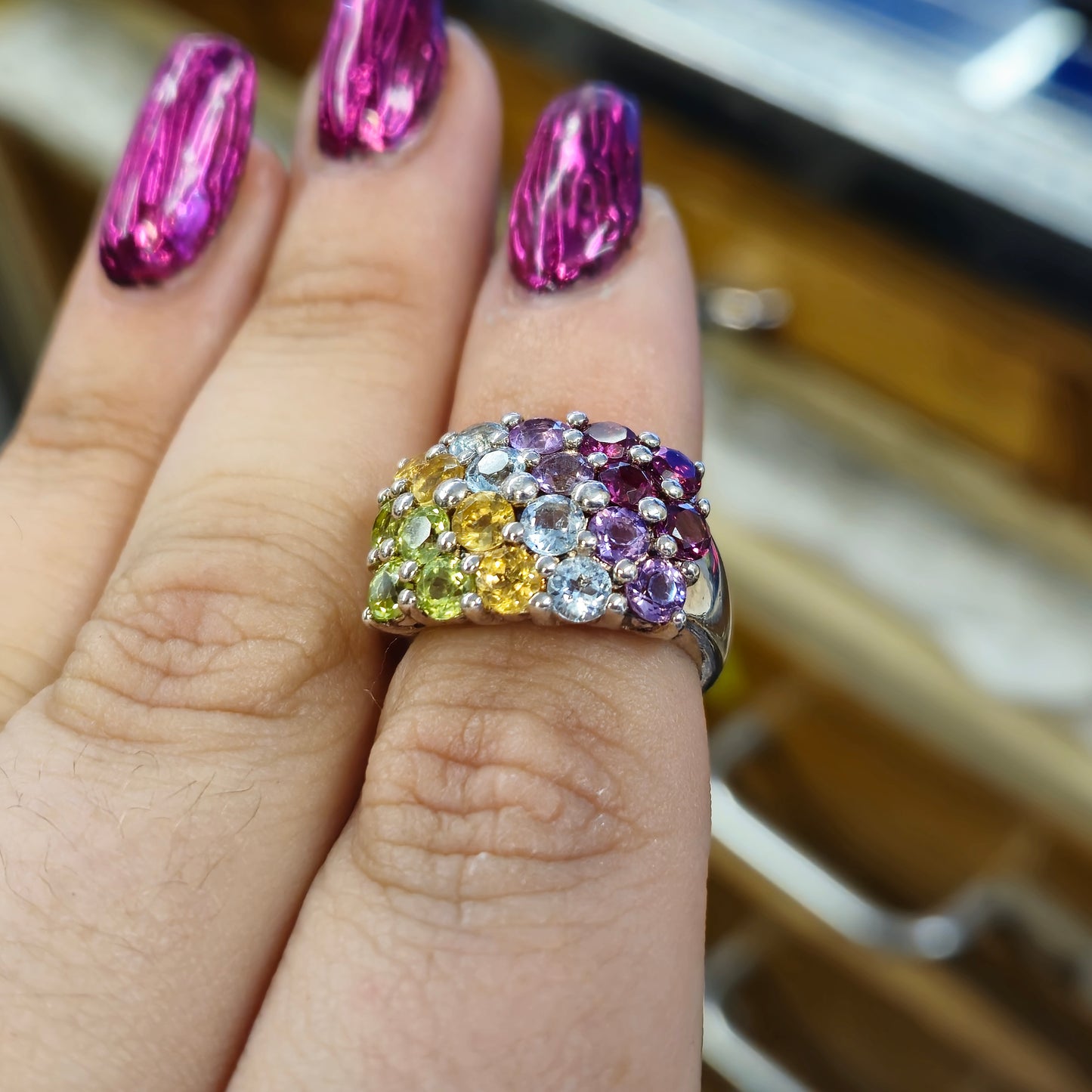 Sterling Silver Multi-Gemstone Set Block Ring