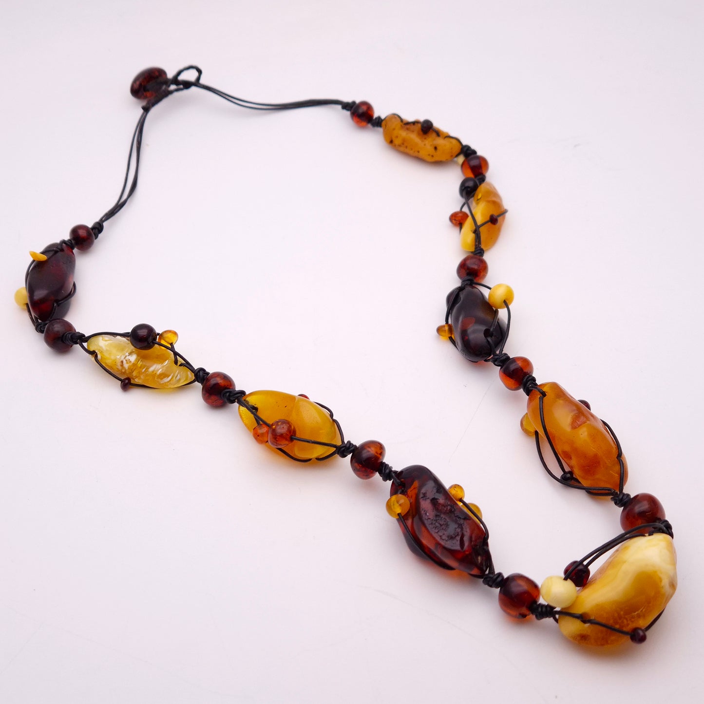 Huge Multi Coloured Amber Leather Cord Statement Naturalistic Beaded Necklace