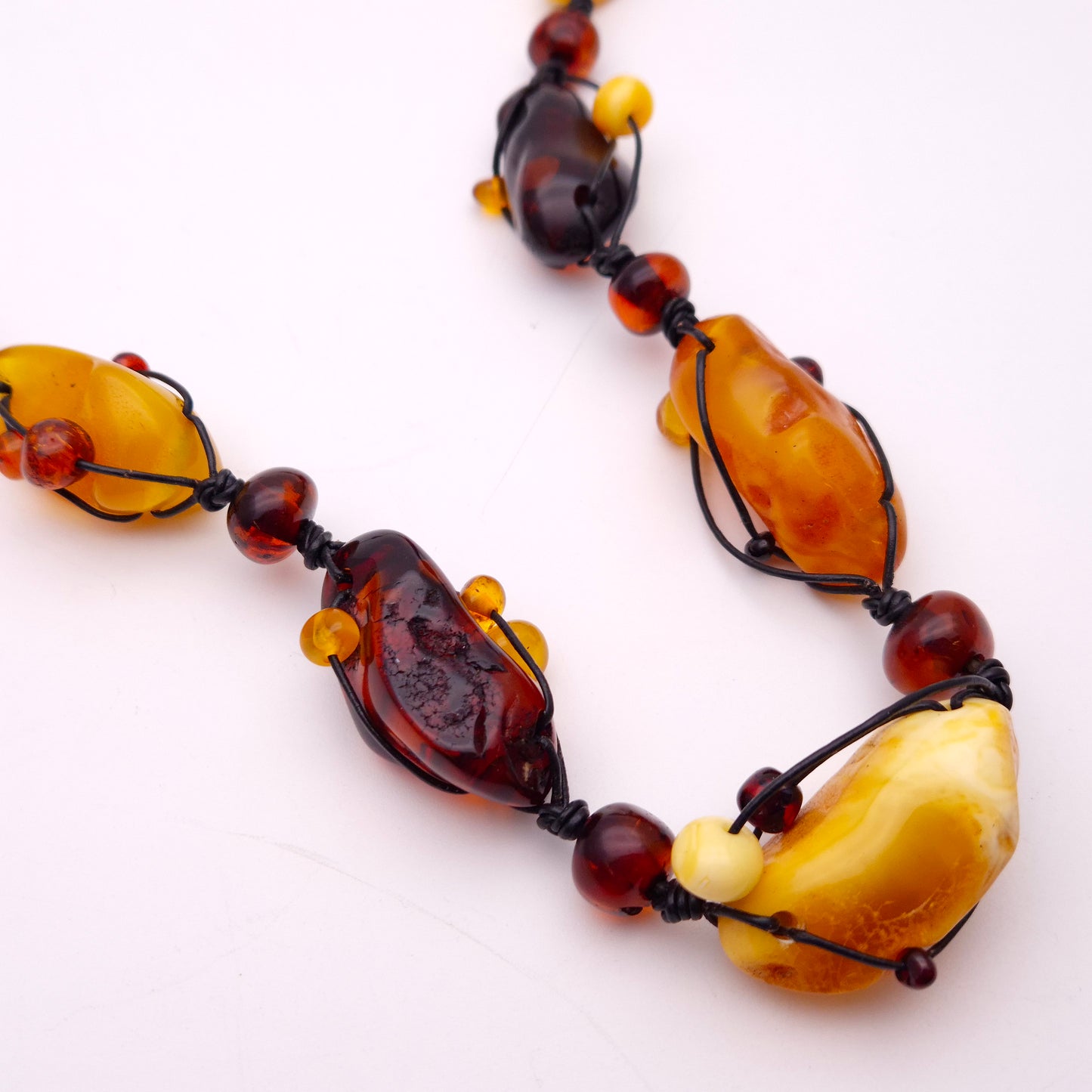 Huge Multi Coloured Amber Leather Cord Statement Naturalistic Beaded Necklace