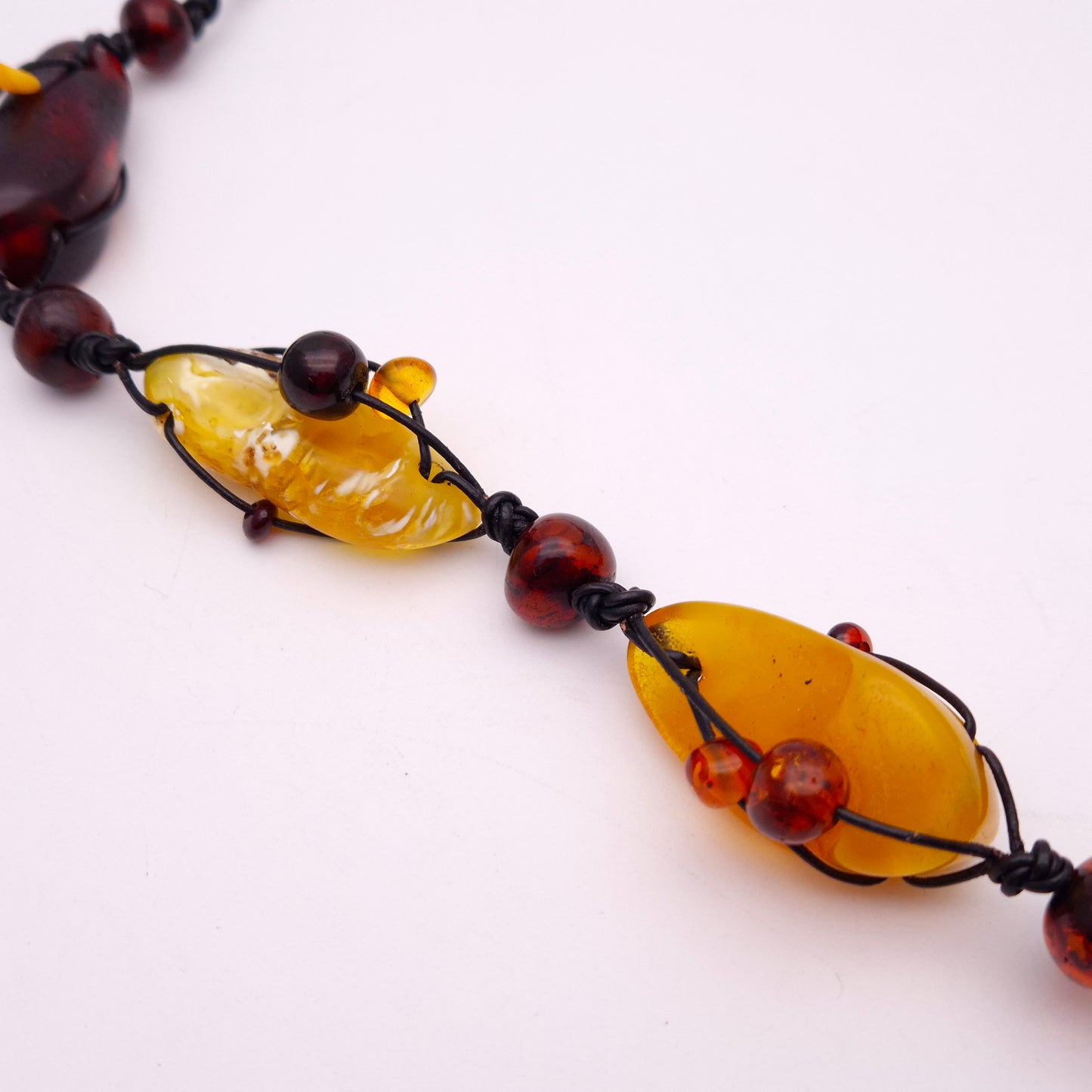 Huge Multi Coloured Amber Leather Cord Statement Naturalistic Beaded Necklace