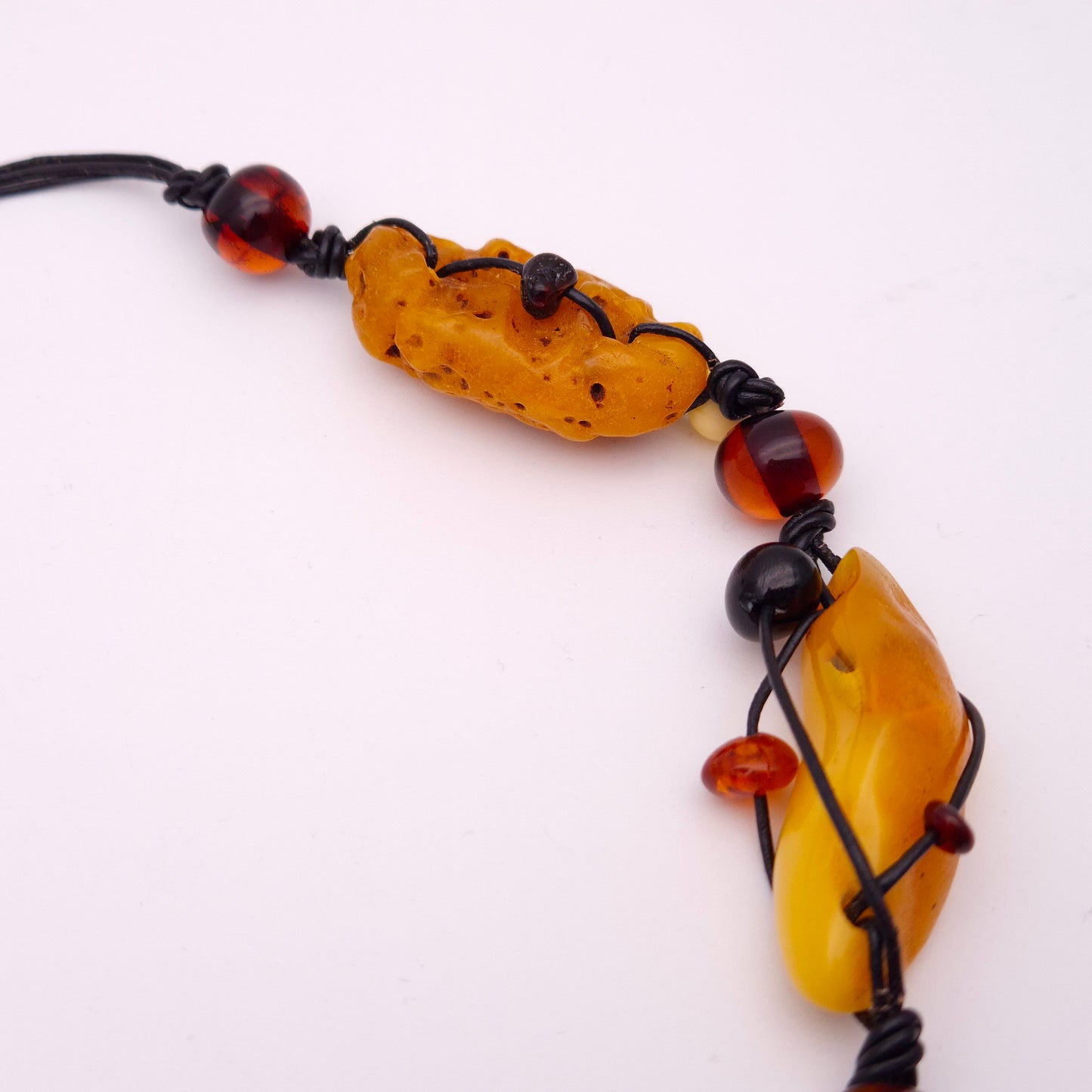 Huge Multi Coloured Amber Leather Cord Statement Naturalistic Beaded Necklace