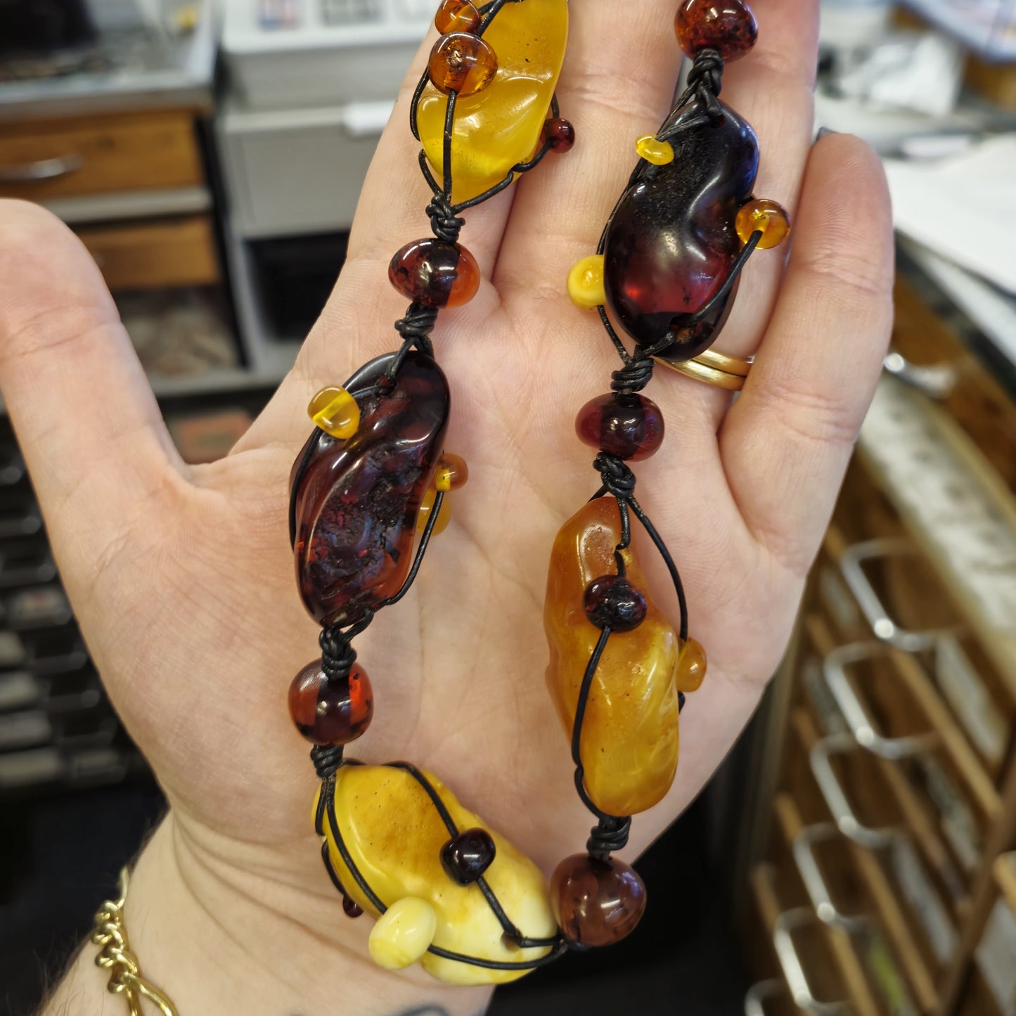Huge Multi Coloured Amber Leather Cord Statement Naturalistic Beaded Necklace